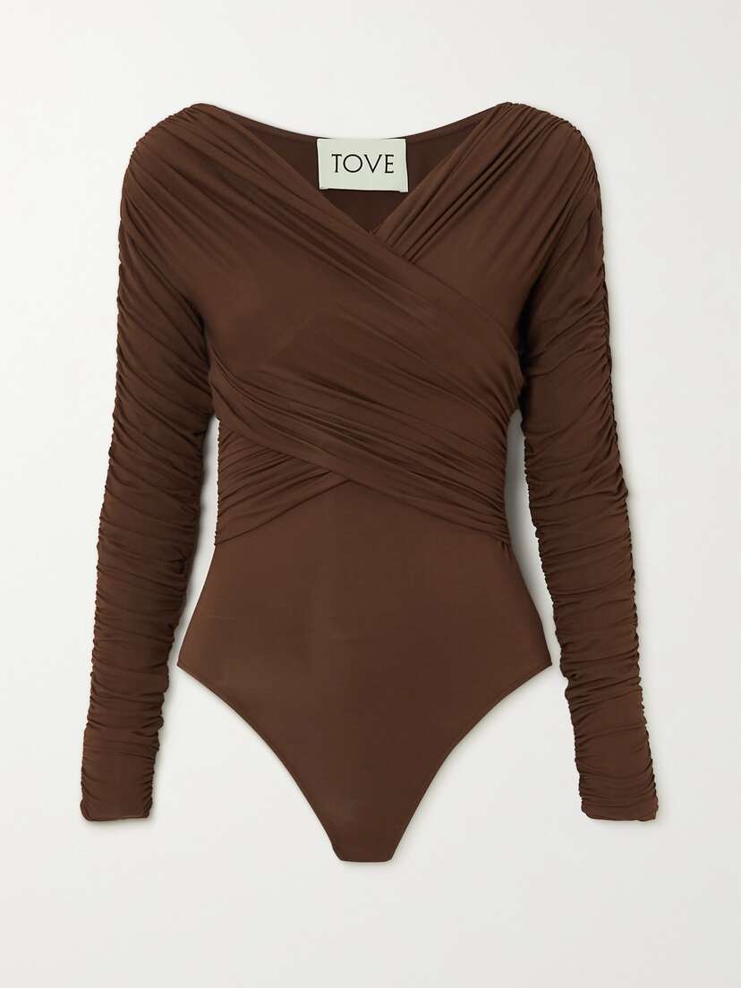Tove Joni Wrap-effect Ruched Stretch-jersey Bodysuit