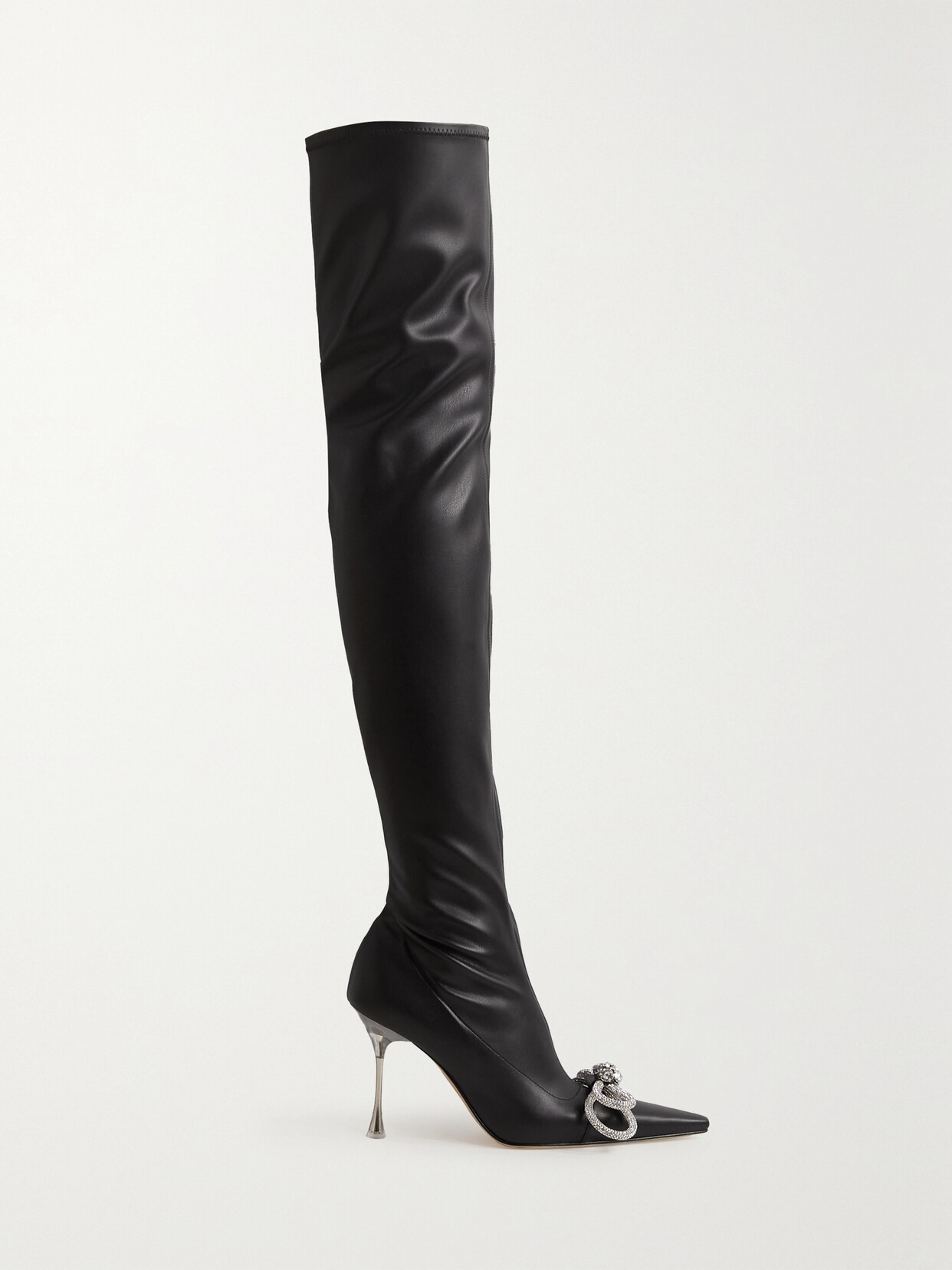 MACH & MACH DOUBLE BOW CRYSTAL-EMBELLISHED FAUX LEATHER OVER-THE-KNEE BOOTS