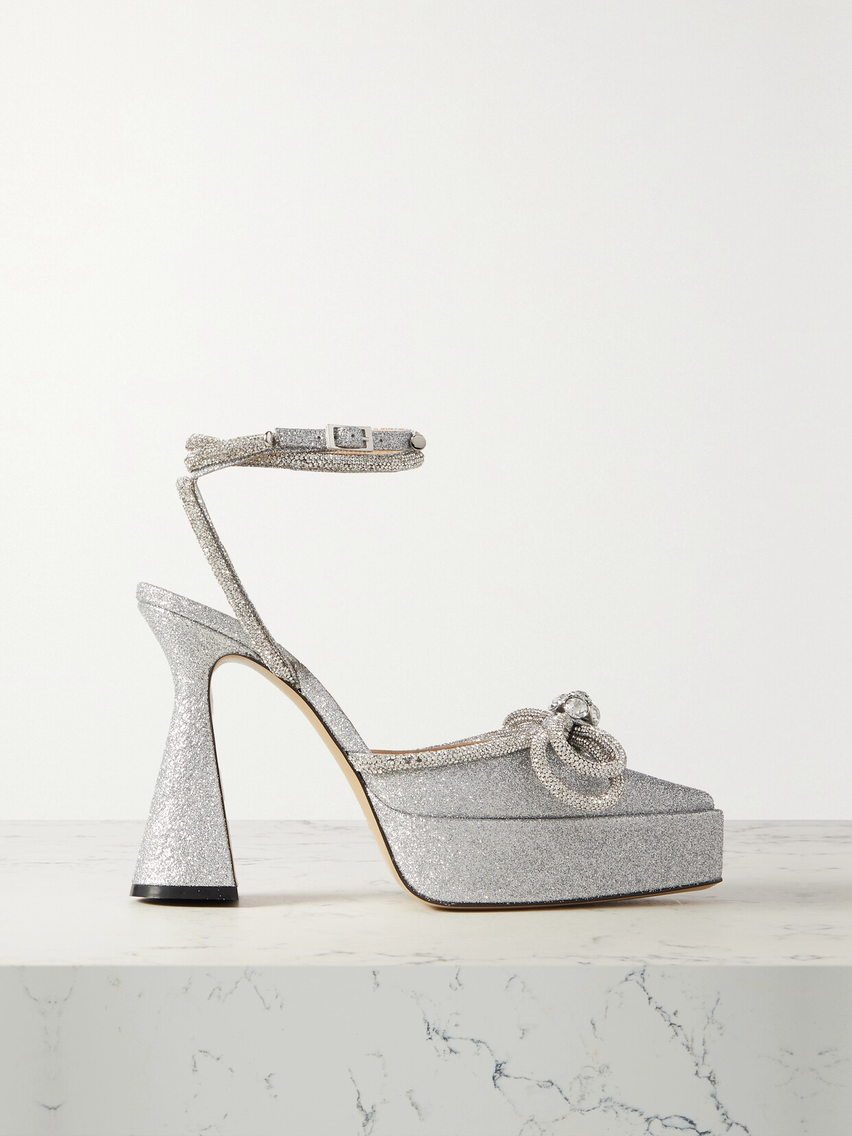 MACH & MACH - Double Bow Crystal-embellished Glittered Leather Platform Pumps - Silver