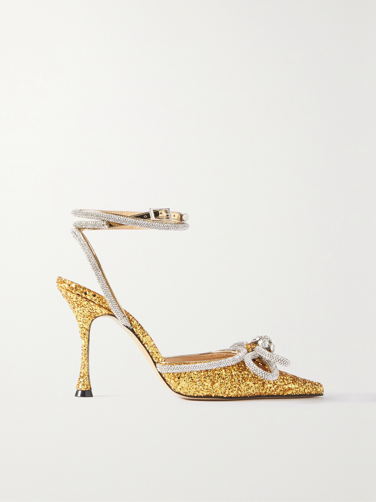 MACH & MACH - Double Bow Crystal-embellished Glittered Leather Pumps - Gold