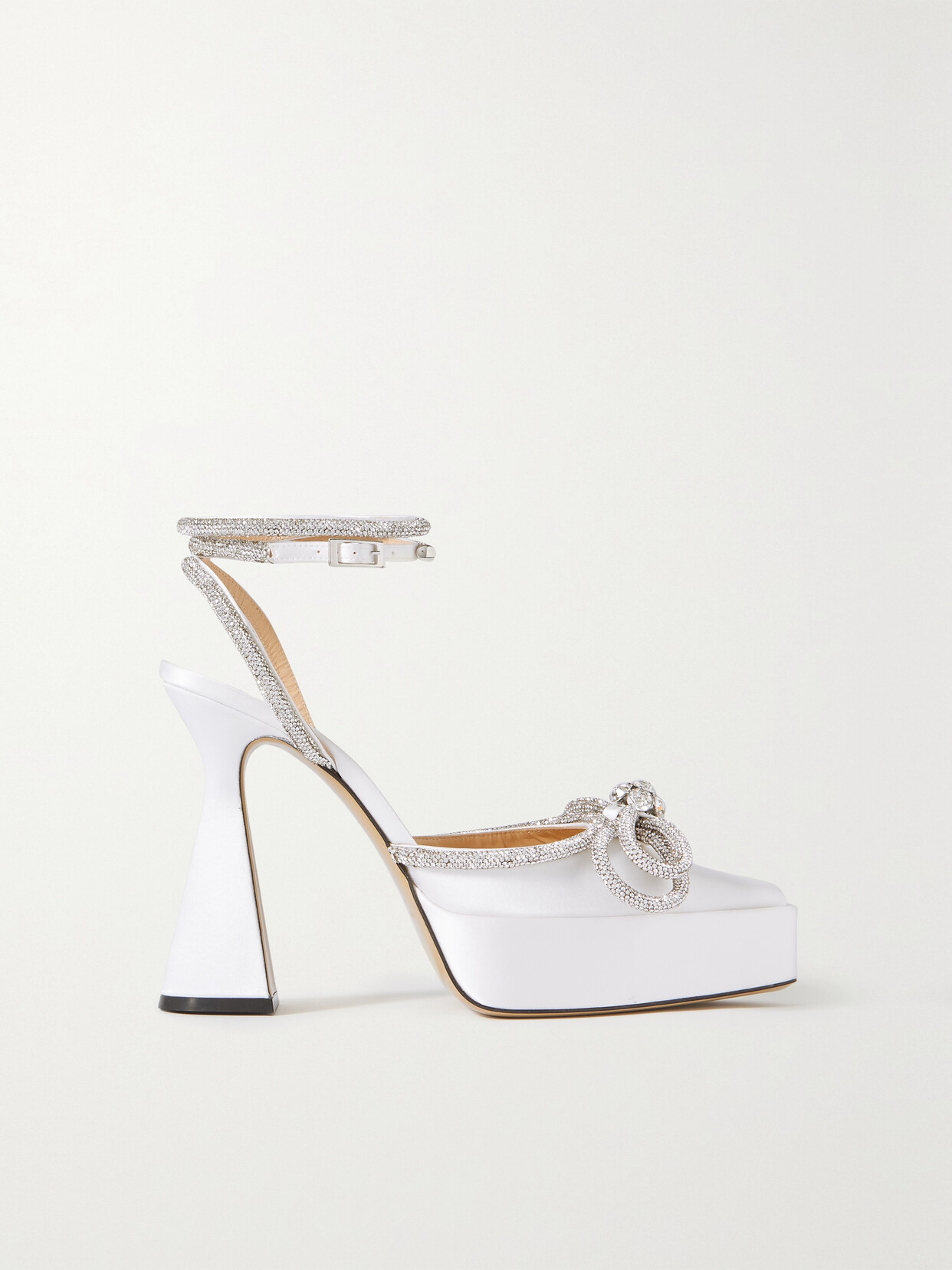 Shop Mach & Mach Double Bow Crystal-embellished Satin Platform Pumps In White