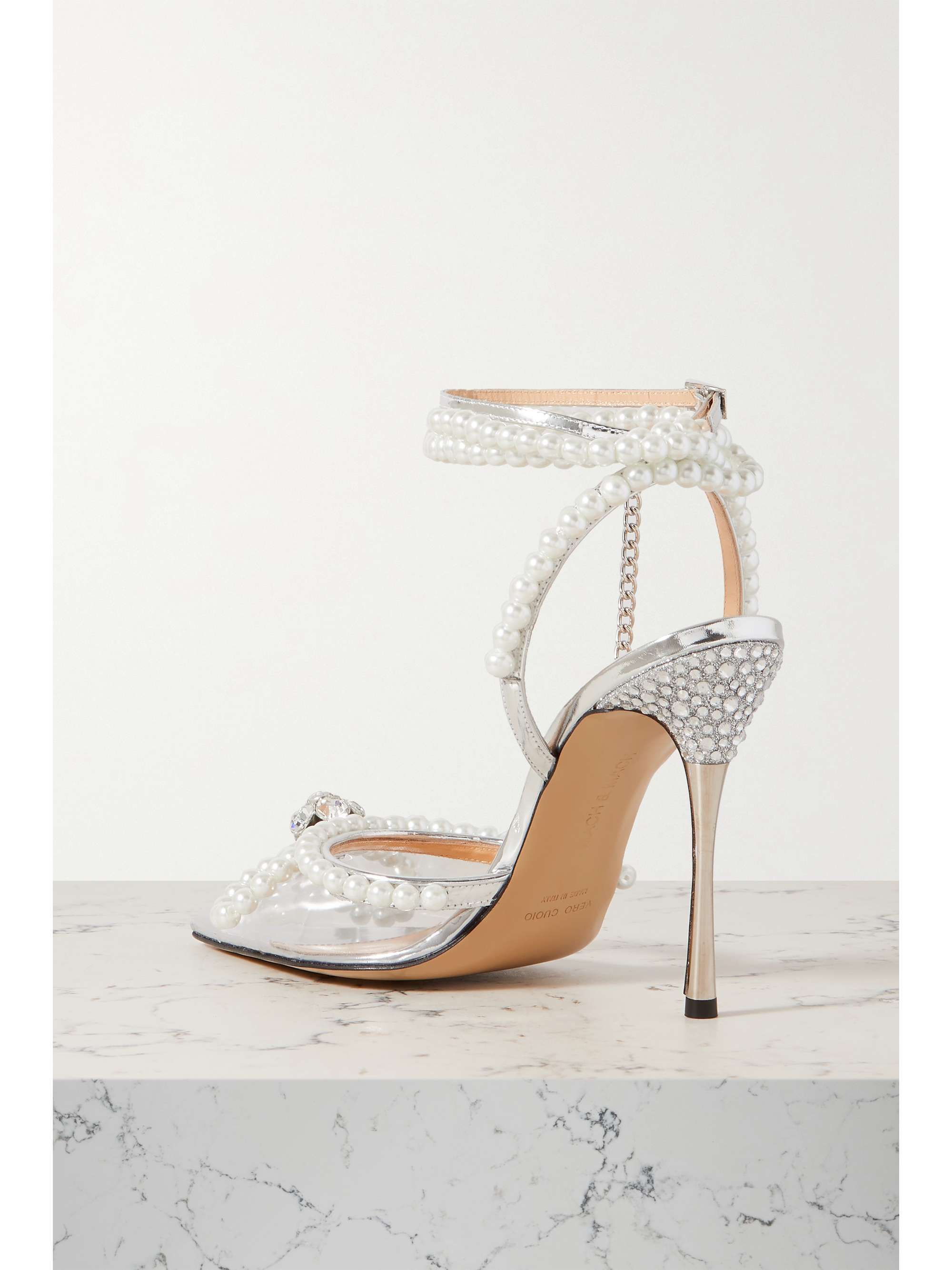 MACH & MACH Pearl Bow crystal-embellished metallic leather and PVC pumps