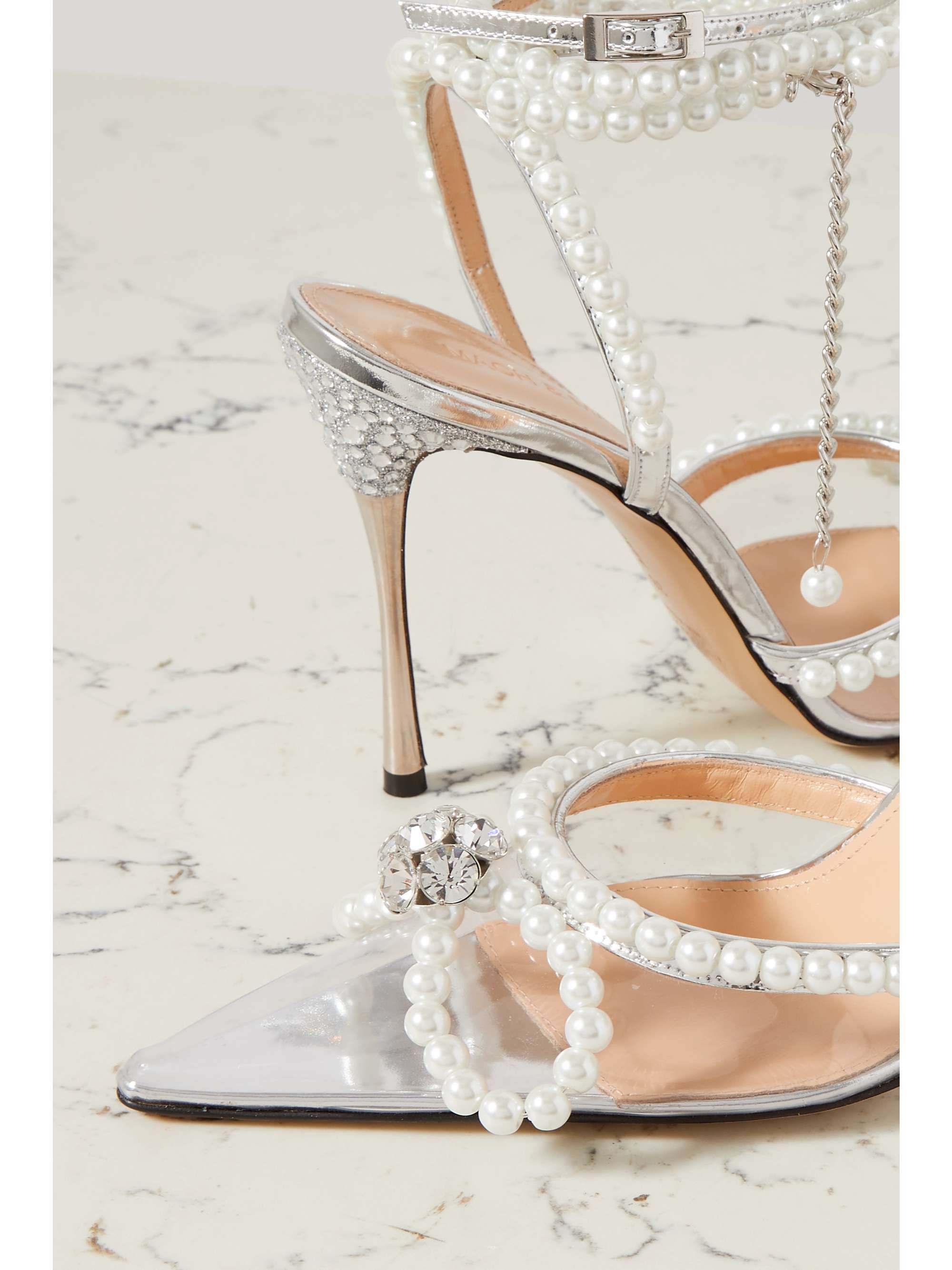 MACH & MACH Pearl Bow crystal-embellished metallic leather and PVC pumps