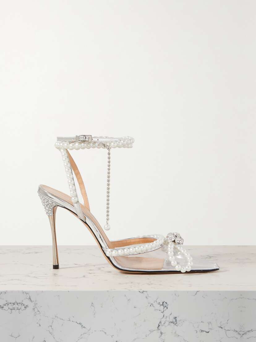 Mach & Mach Pearl Bow Crystal-embellished Metallic Leather And Pvc Pumps