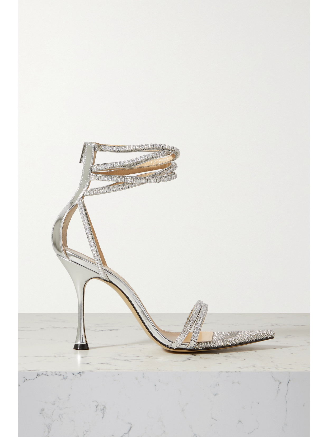 MACH & MACH - Gaia Crystal-embellished Metallic Leather Sandals - Silver