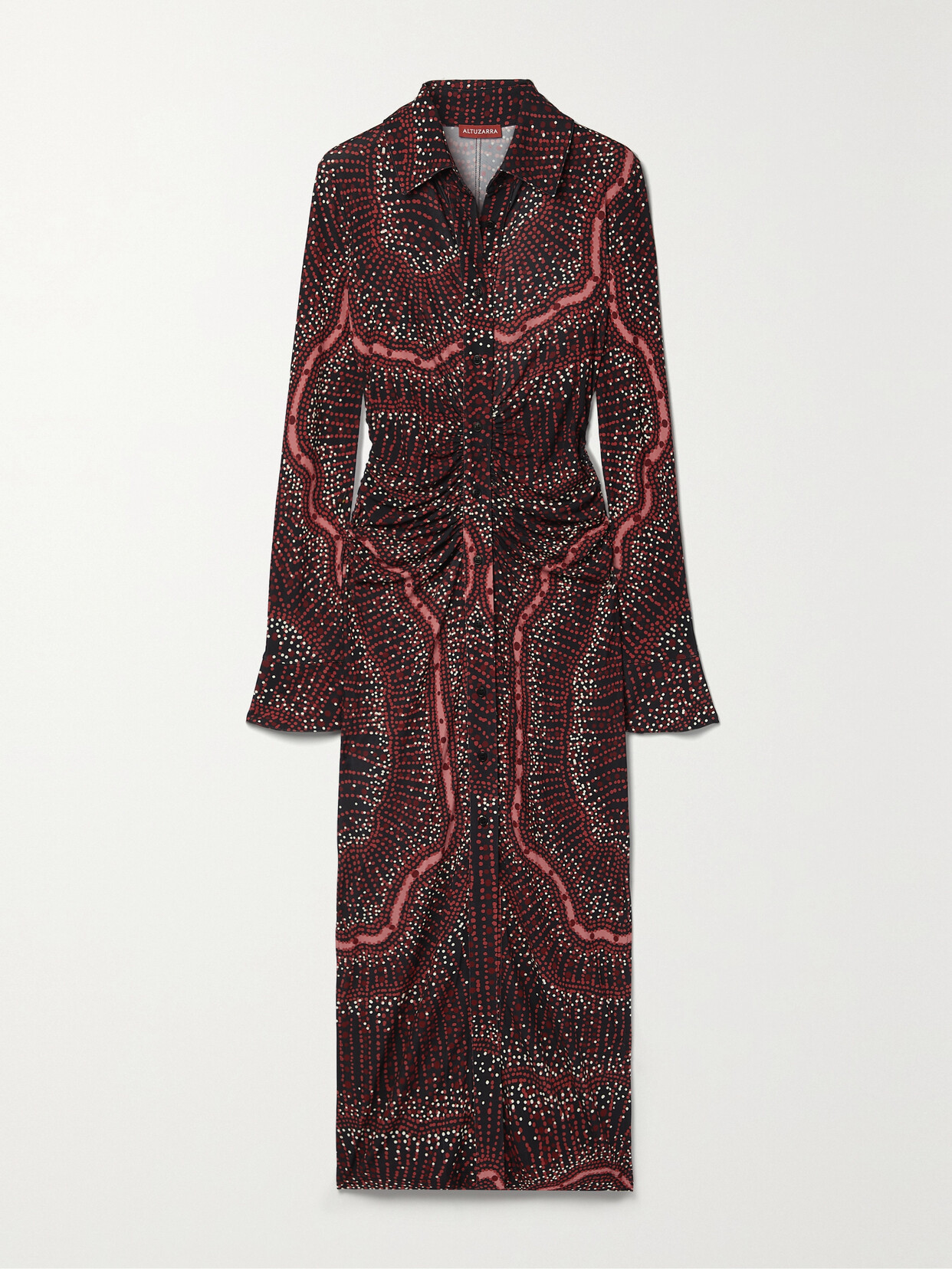 ALTUZARRA CLAUDIA RUCHED PRINTED STRETCH-JERSEY MIDI SHIRT DRESS