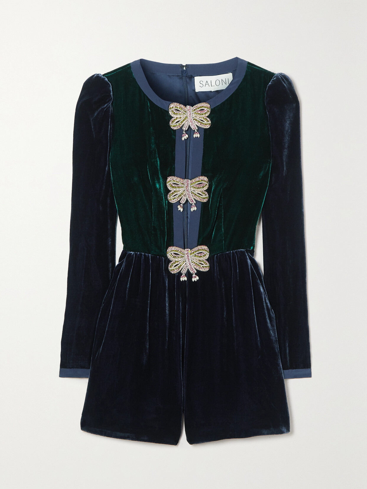 Saloni - Camille Embellished Silk-trimmed Velvet Playsuit - Green