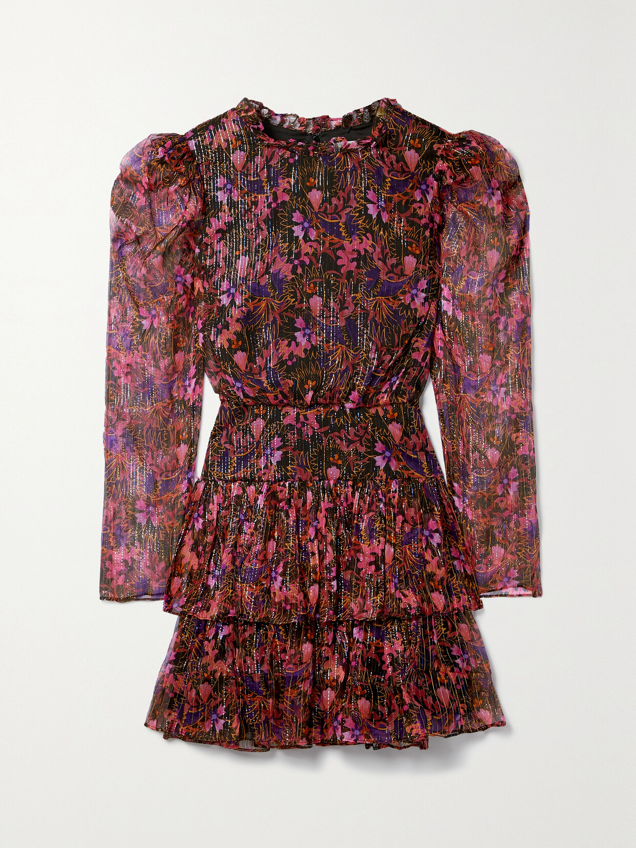 SALONI AVA RUFFLED FLORAL-PRINT METALLIC SILK-CHIFFON MINI DRESS