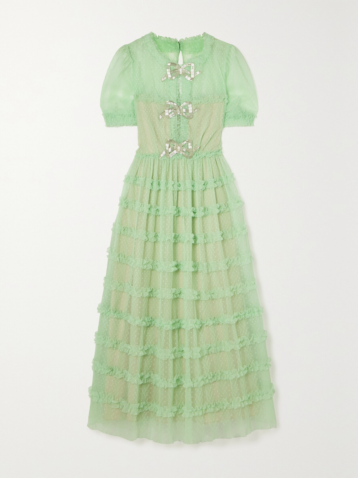 Saloni - Camille Tiered Embellished Flocked Tulle Midi Dress - Green