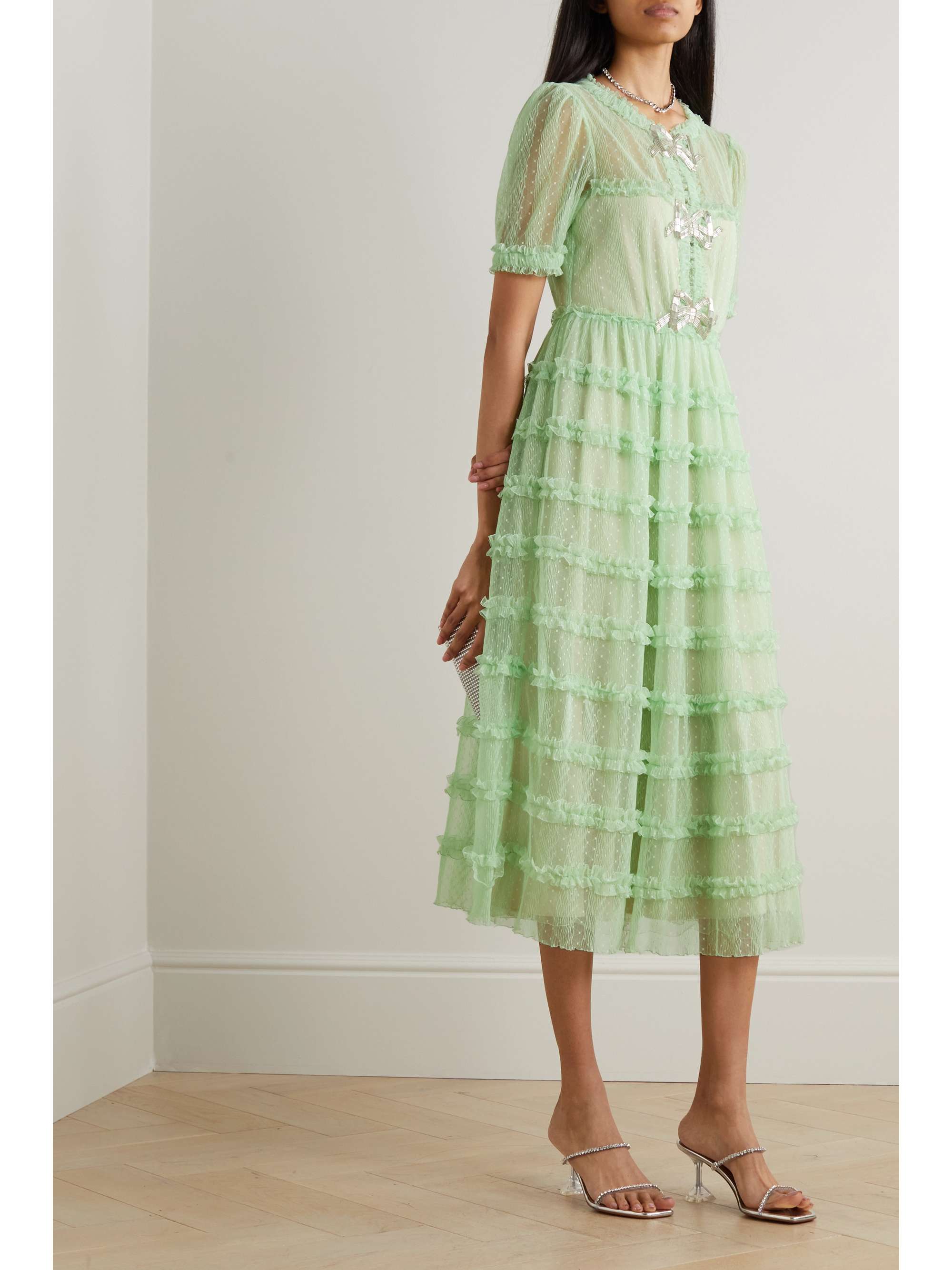 SALONI Camille tiered embellished flocked tulle midi dress