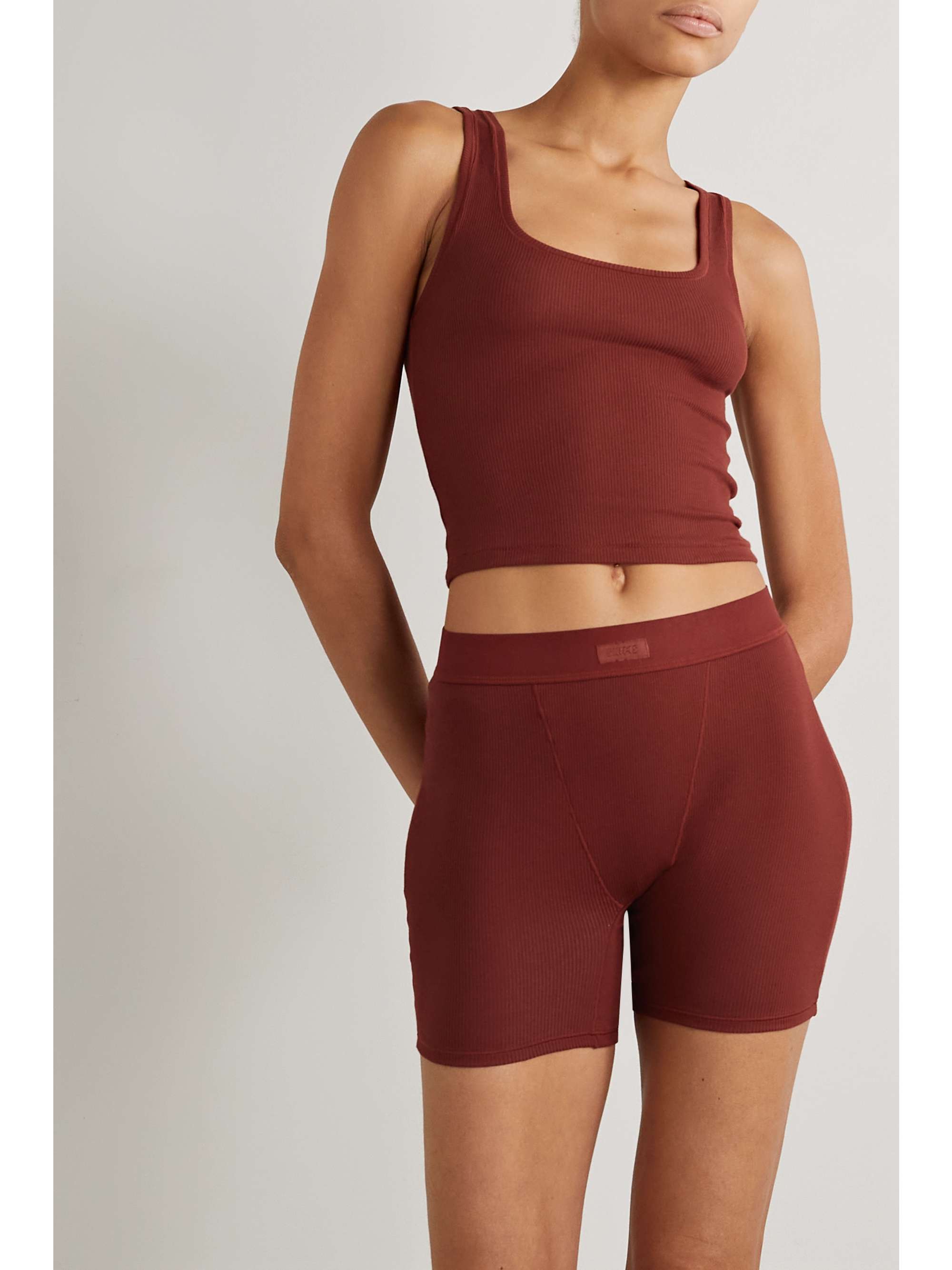 SKIMS Cotton Collection cropped ribbed cotton-blend jersey tank - Light Heather Grey