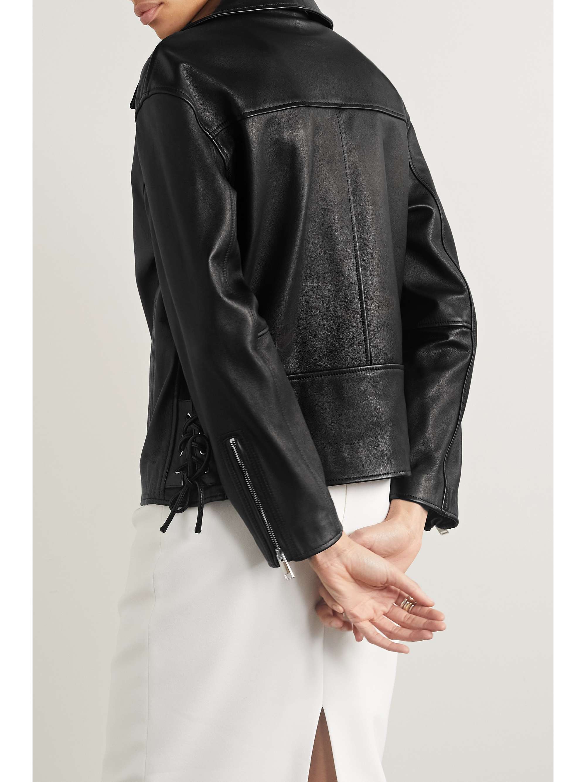 NILI LOTAN Avoye tie-detailed leather biker jacket