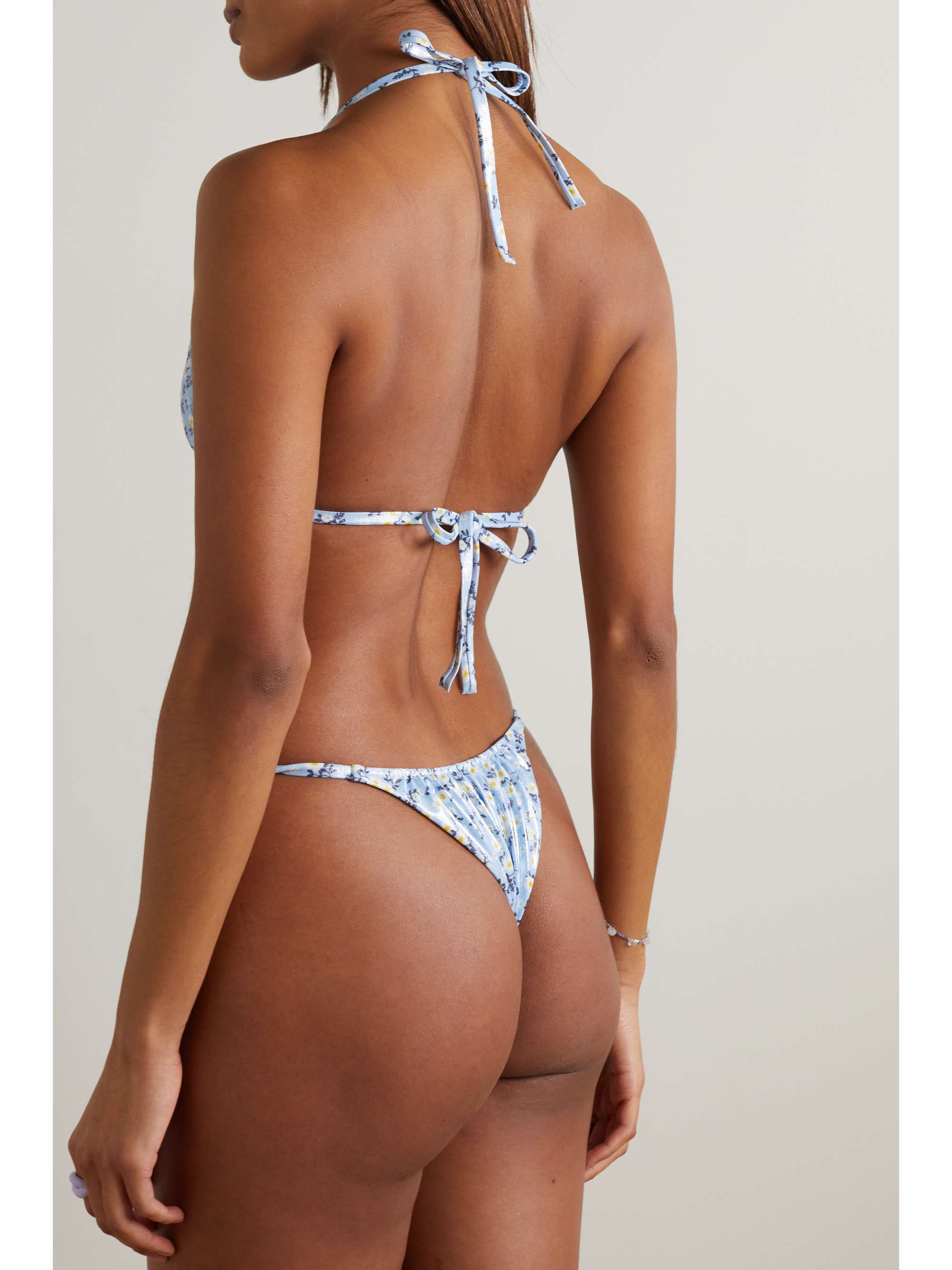 ALESSANDRA RICH Crystal-embellished floral-print stretch-lamé halterneck triangle bikini