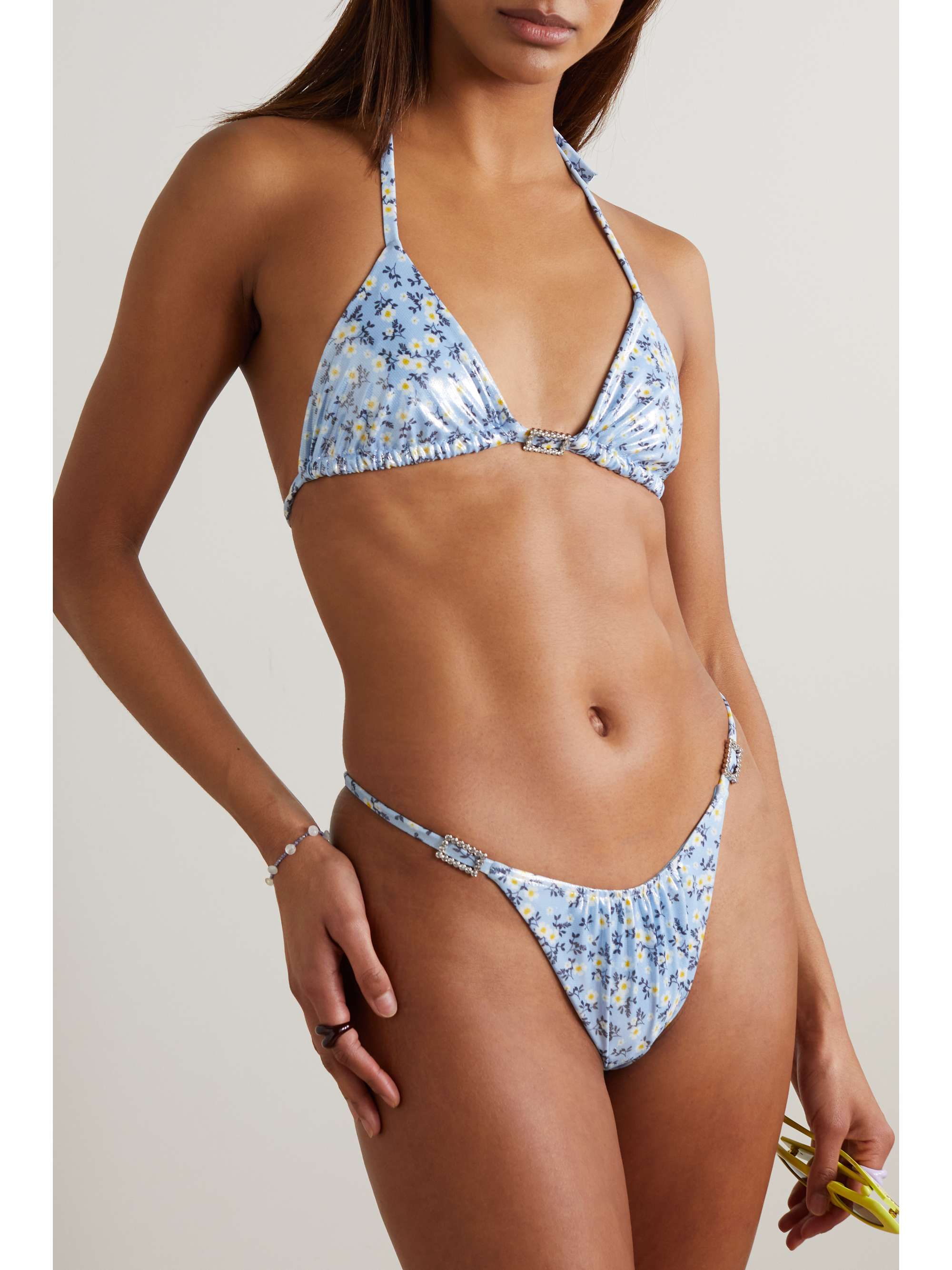 ALESSANDRA RICH Crystal-embellished floral-print stretch-lamé halterneck triangle bikini