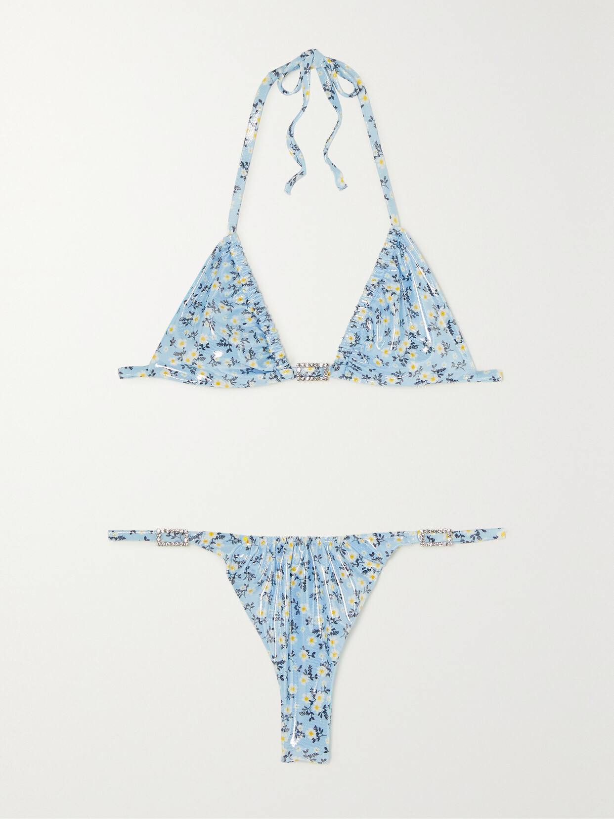 Alessandra Rich - Crystal-embellished Floral-print Stretch-lamé Halterneck Triangle Bikini - Blue