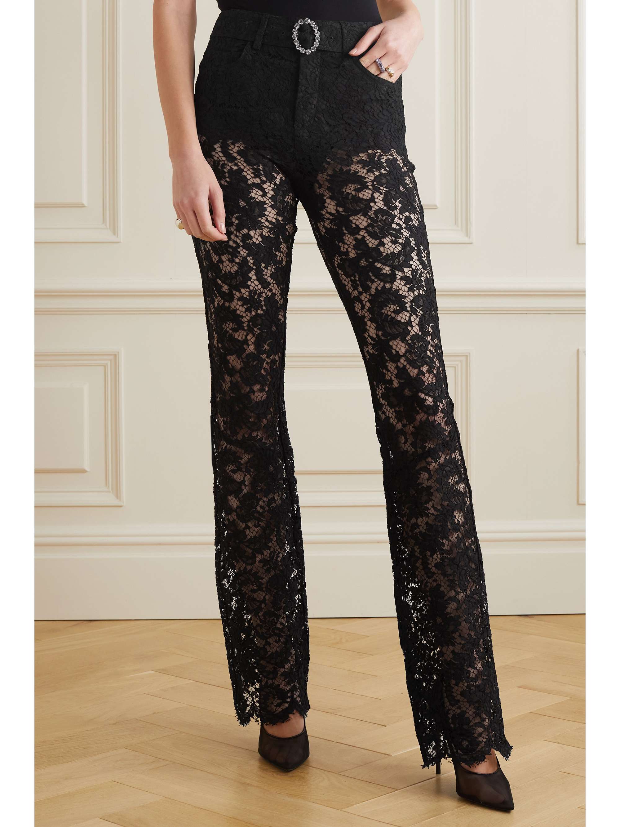 ALESSANDRA RICH Belted crystal-embellished cotton-blend lace flared pants