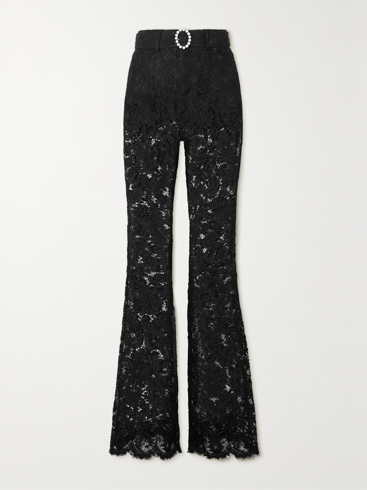 Alessandra Rich Belted Crystal-embellished Cotton-blend Lace Flared Pants In Black