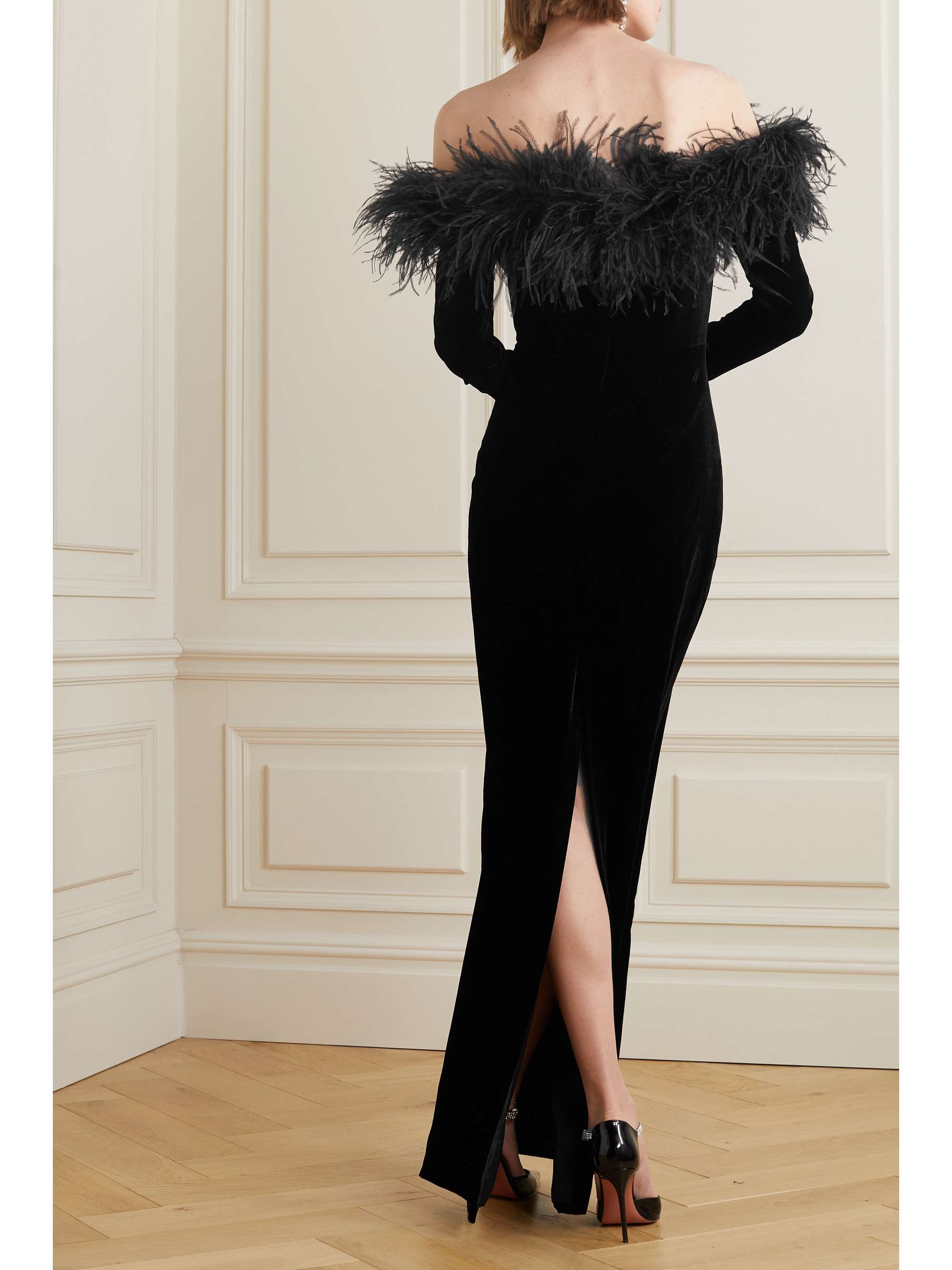 Black Off-the-shoulder feather-trimmed stretch-velvet gown | ALESSANDRA ...