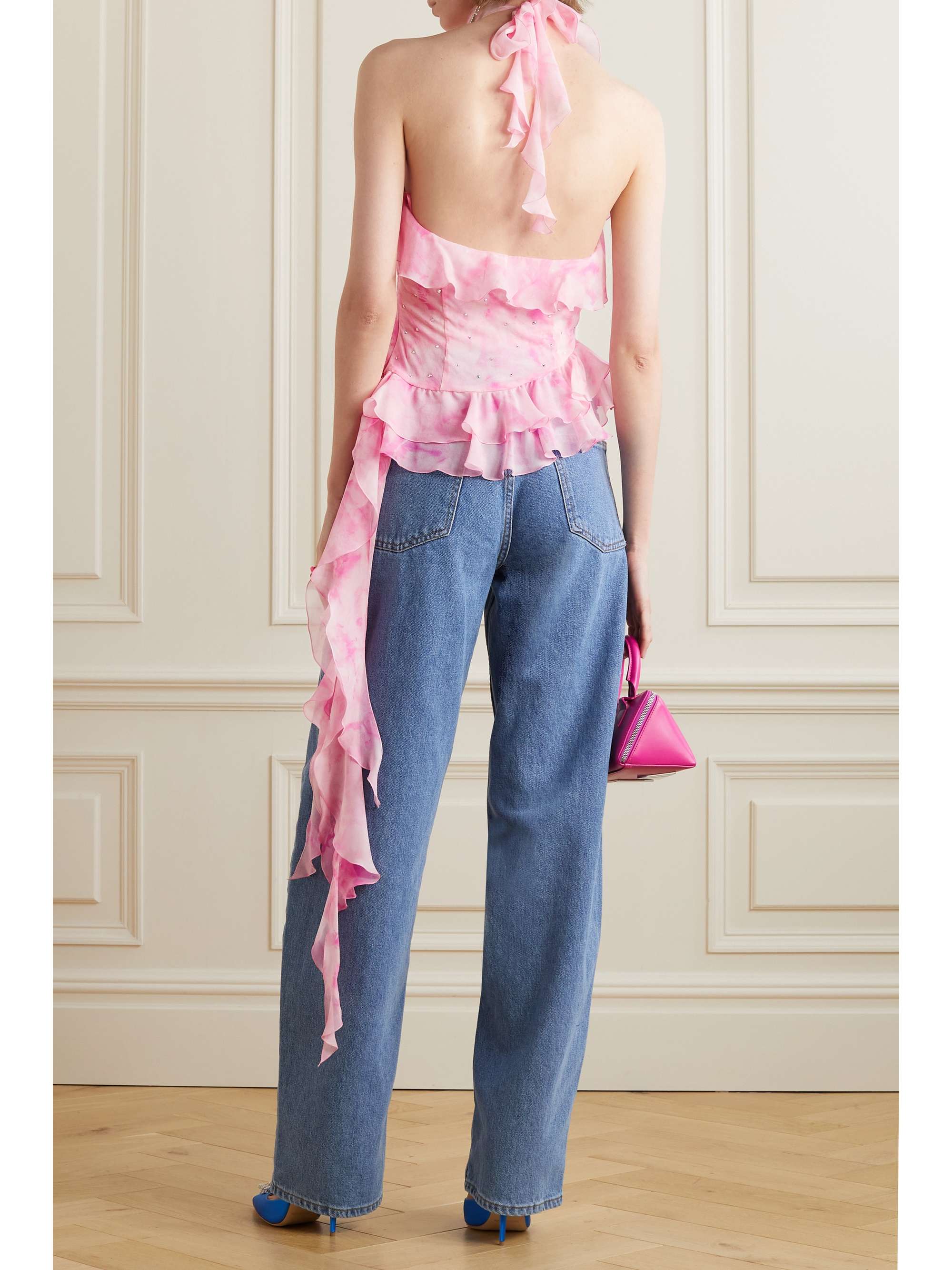 ALESSANDRA RICH Ruffled crystal-embellished printed silk-georgette halterneck top