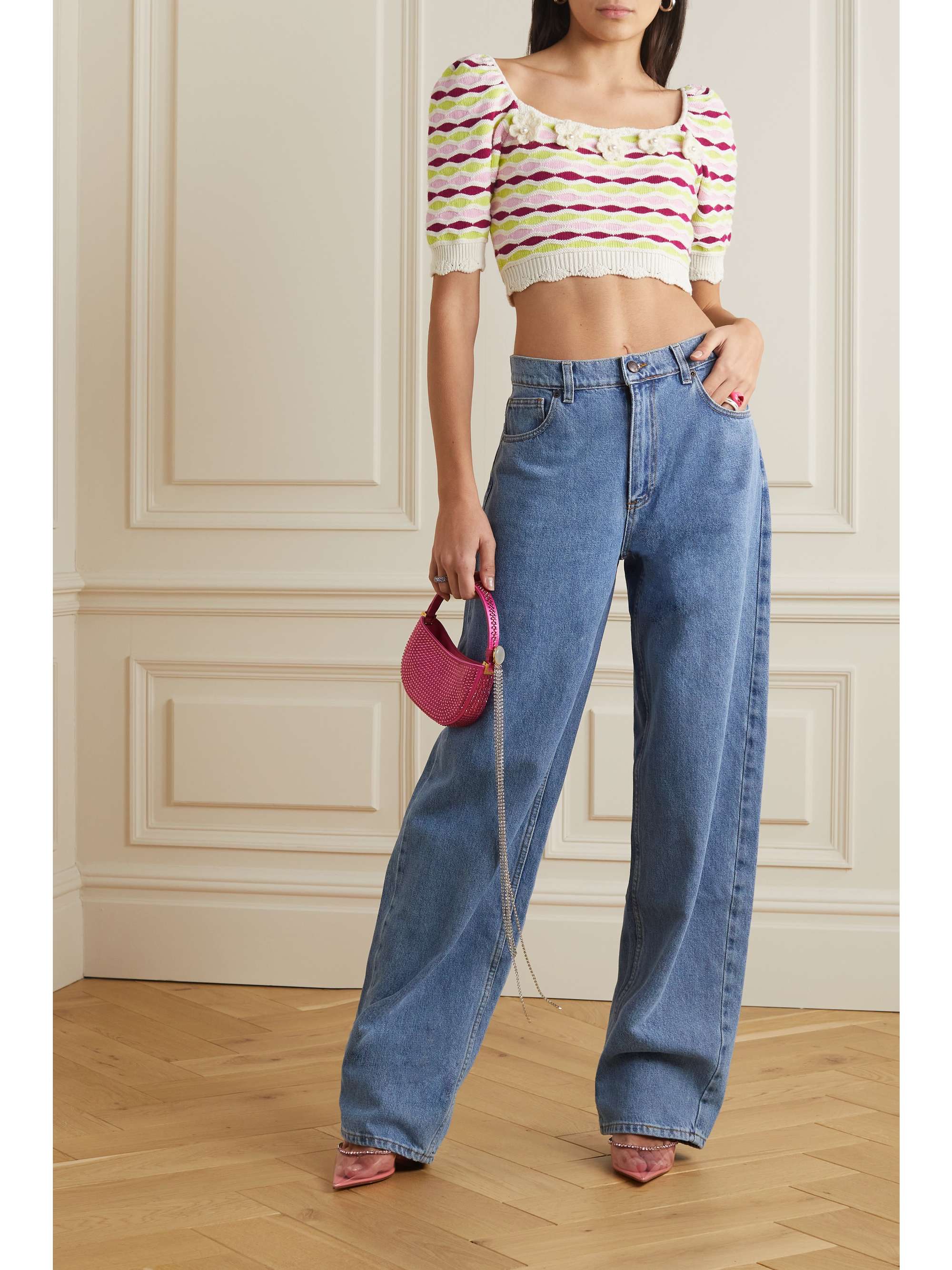 ALESSANDRA RICH Cropped embroidered wool-trimmed cotton-blend top