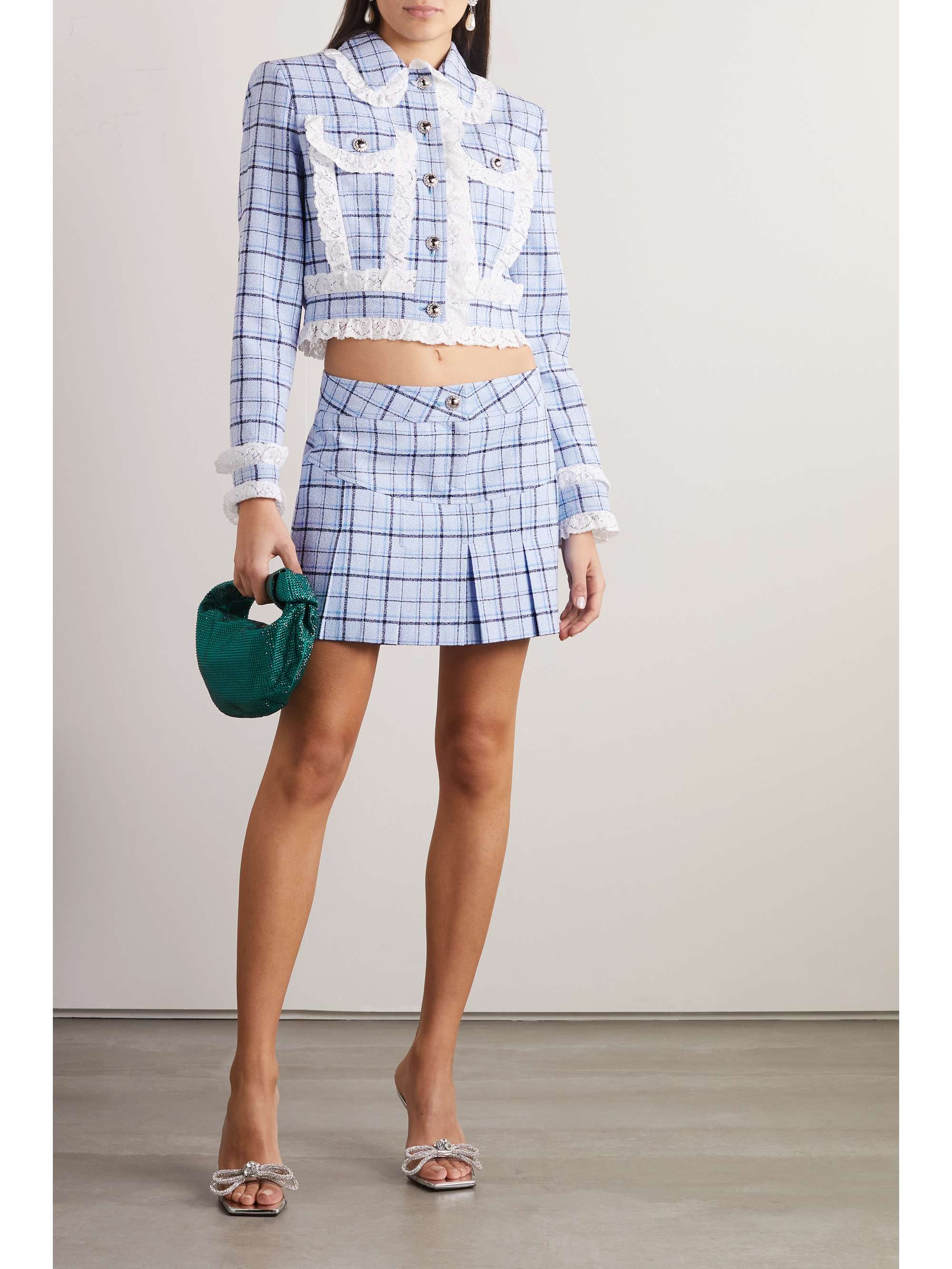 ALESSANDRA RICH Button-embellished pleated checked wool-blend tweed mini skirt