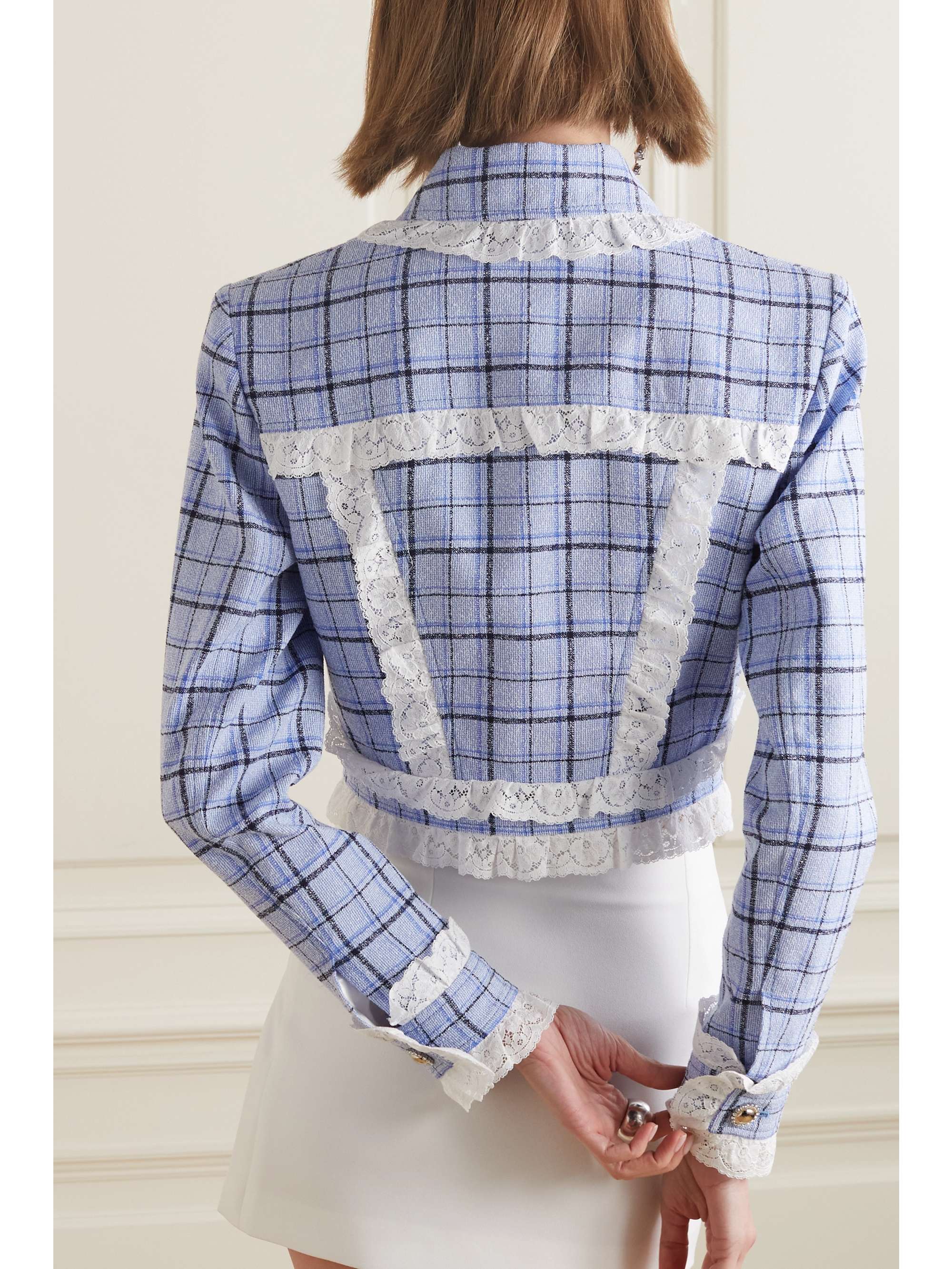 ALESSANDRA RICH Cropped lace-trimmed checked wool-blend tweed jacket