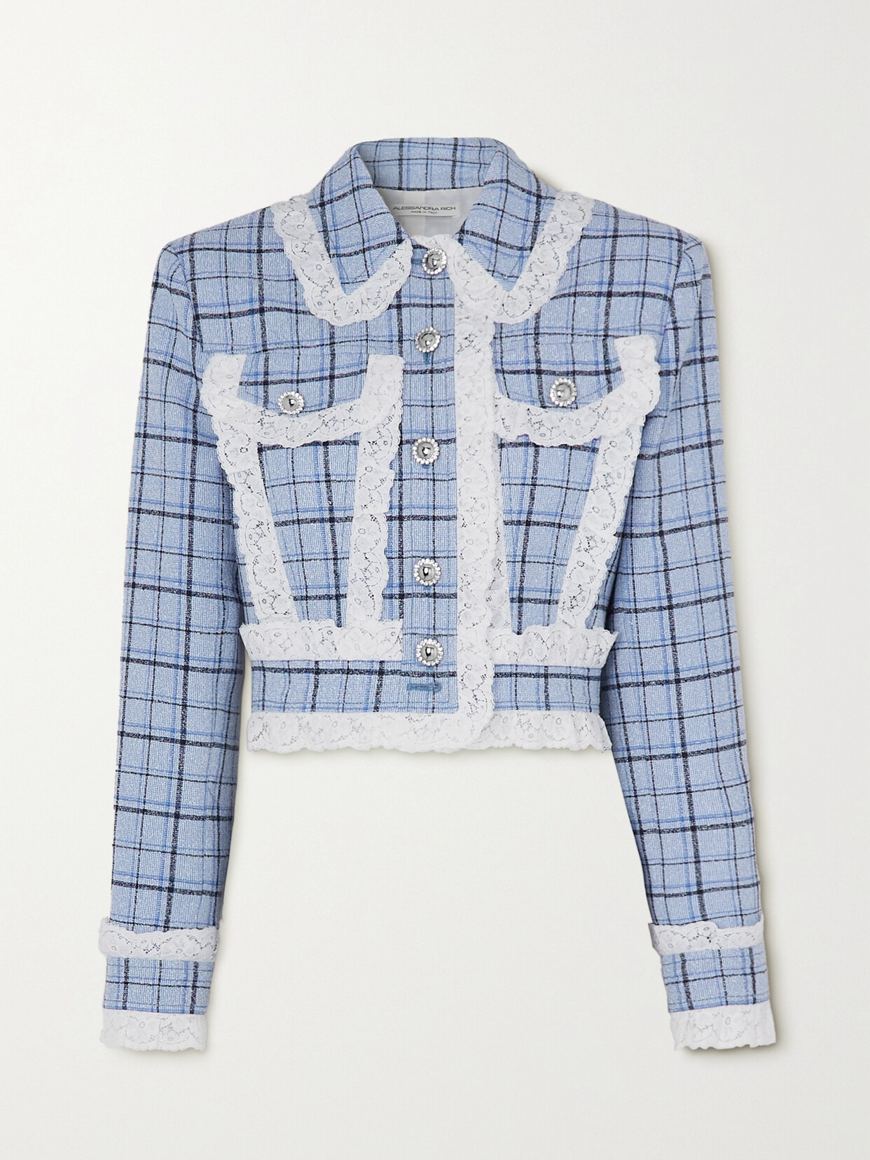 Alessandra Rich - Cropped Lace-trimmed Checked Wool-blend Tweed Jacket - Blue