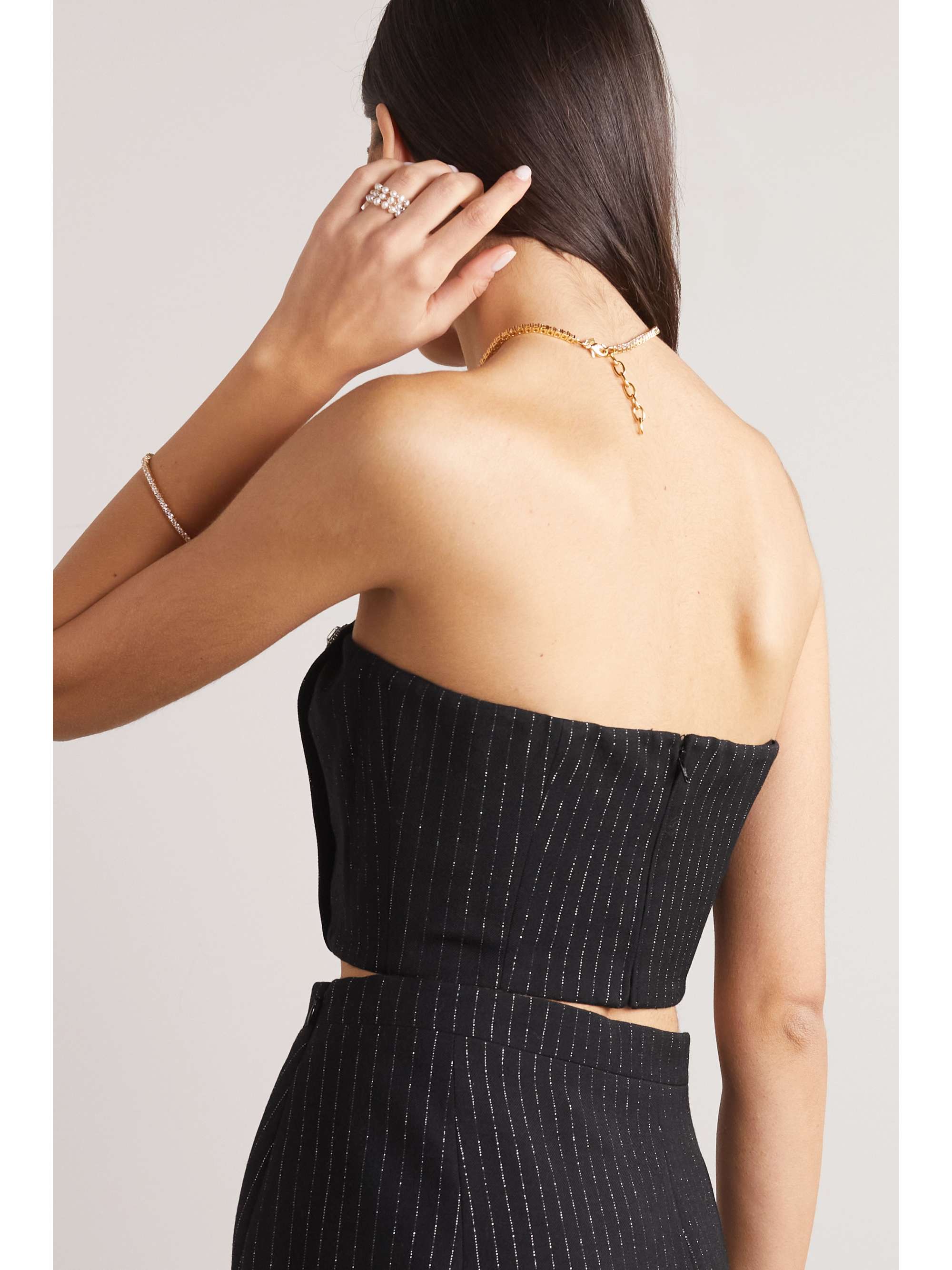 ALESSANDRA RICH Cropped embellished metallic pinstriped wool-blend bustier top
