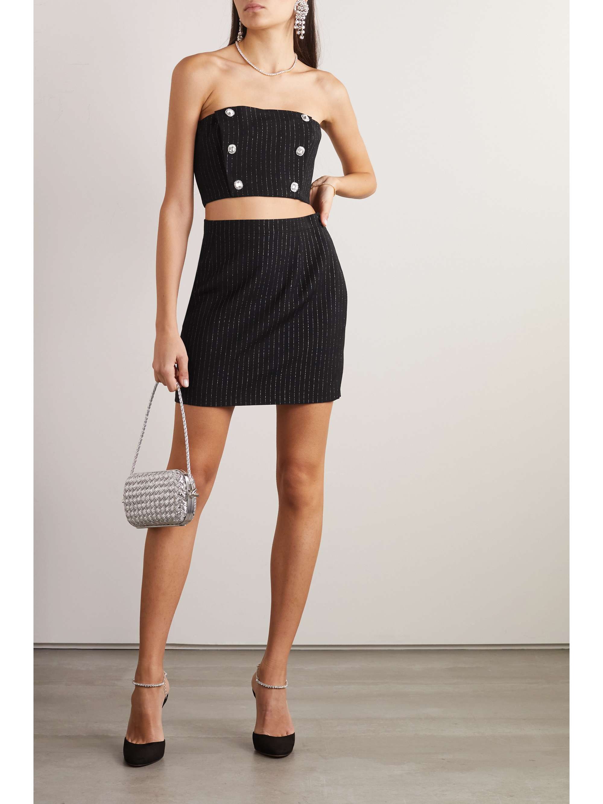 ALESSANDRA RICH Cropped embellished metallic pinstriped wool-blend bustier top