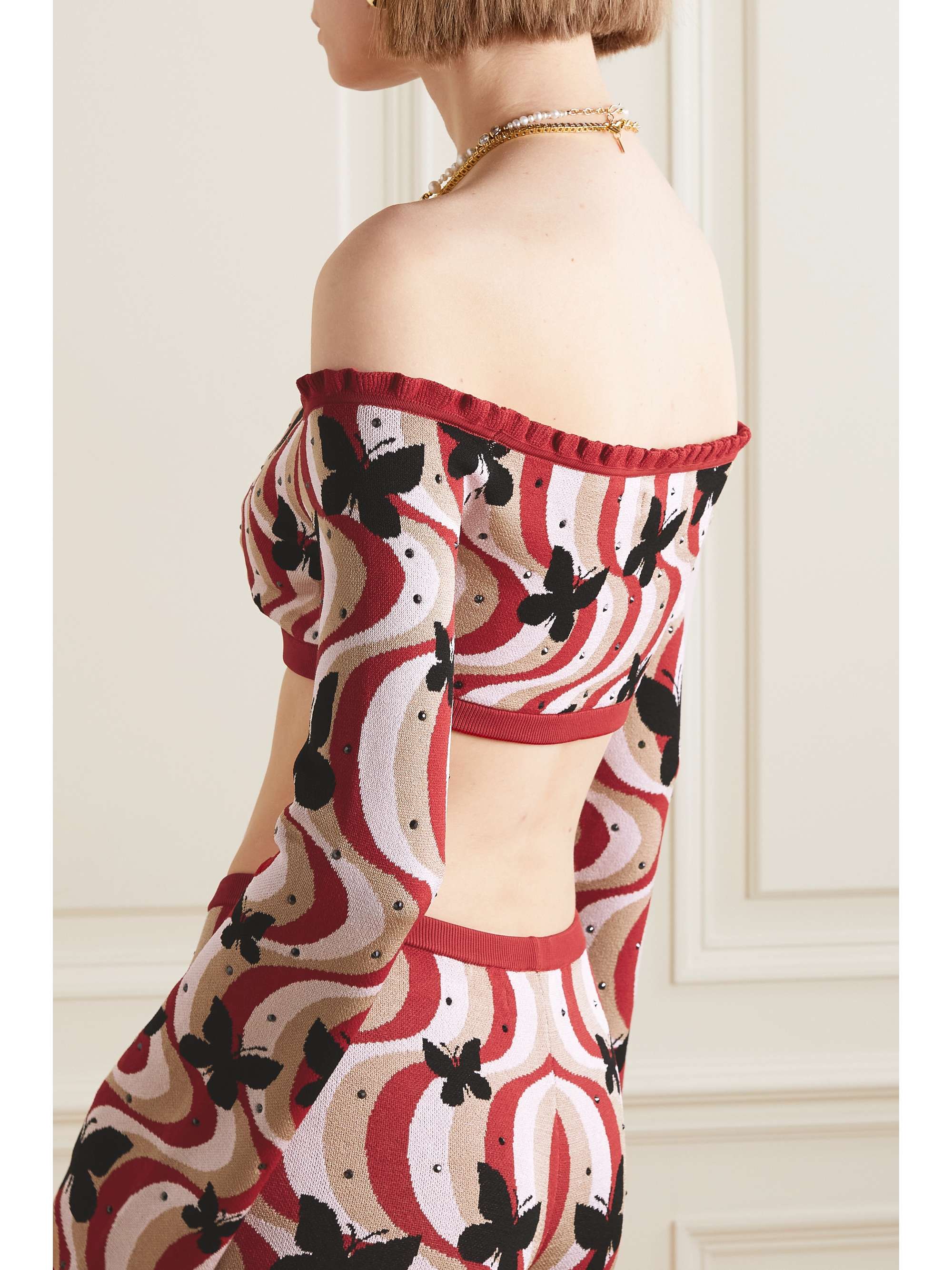 ALESSANDRA RICH Cropped embellished jacquard-knit top