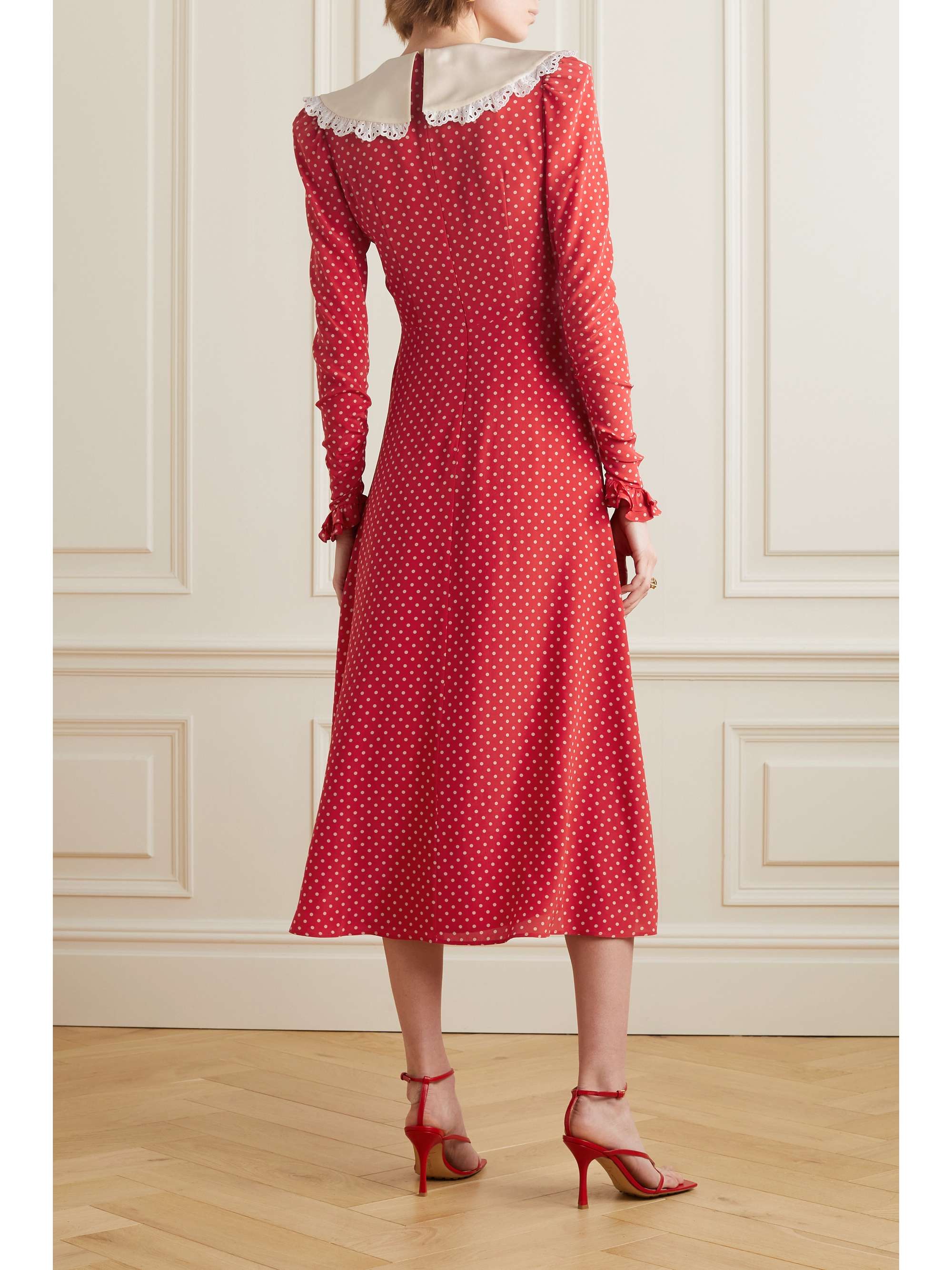 ALESSANDRA RICH Broderie anglaise-trimmed polka-dot silk crepe de chine  midi dress | NET-A-PORTER