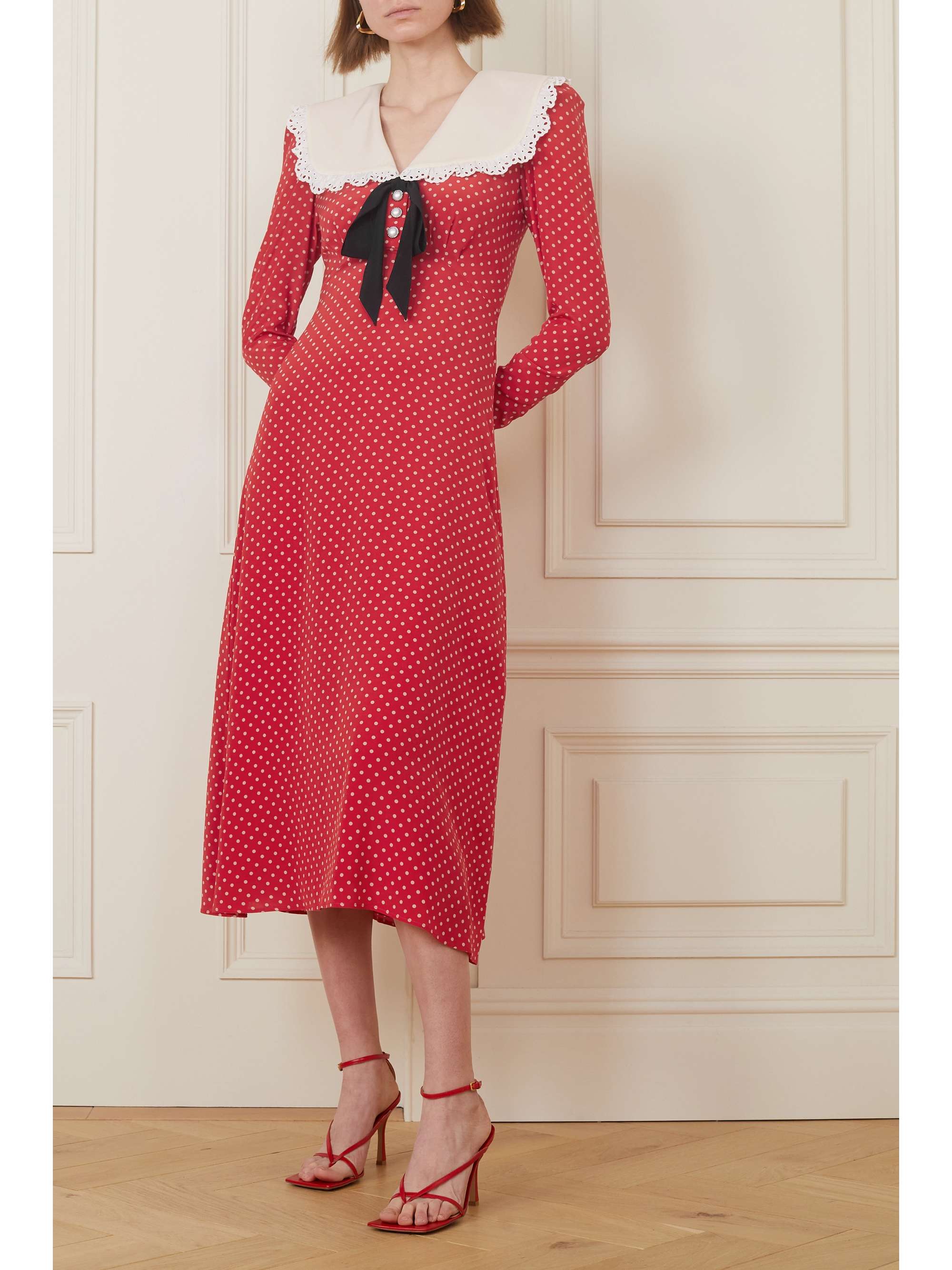 ALESSANDRA RICH Broderie anglaise-trimmed polka-dot silk crepe de chine midi dress