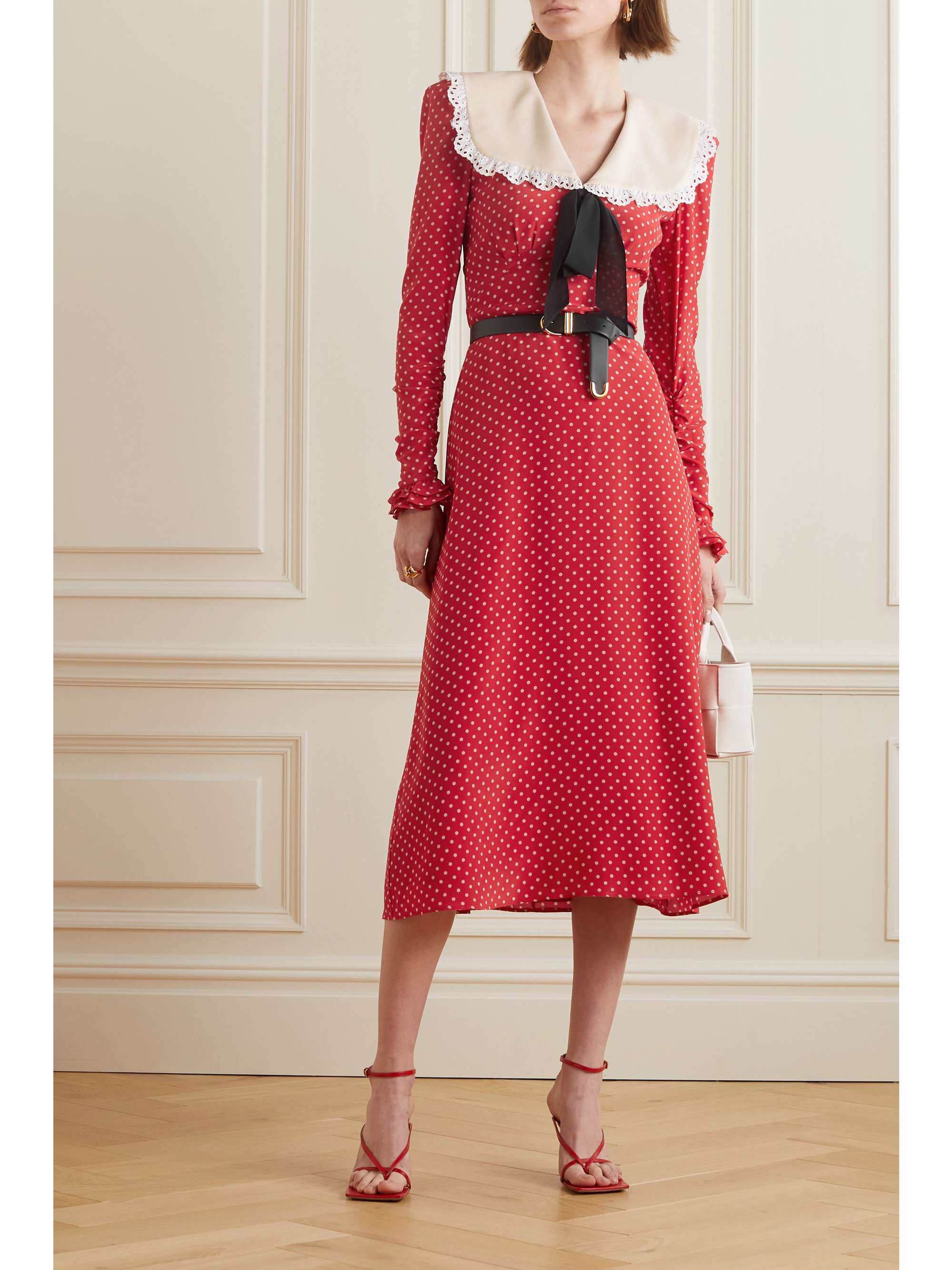 ALESSANDRA RICH Broderie anglaise-trimmed polka-dot silk crepe de chine midi dress