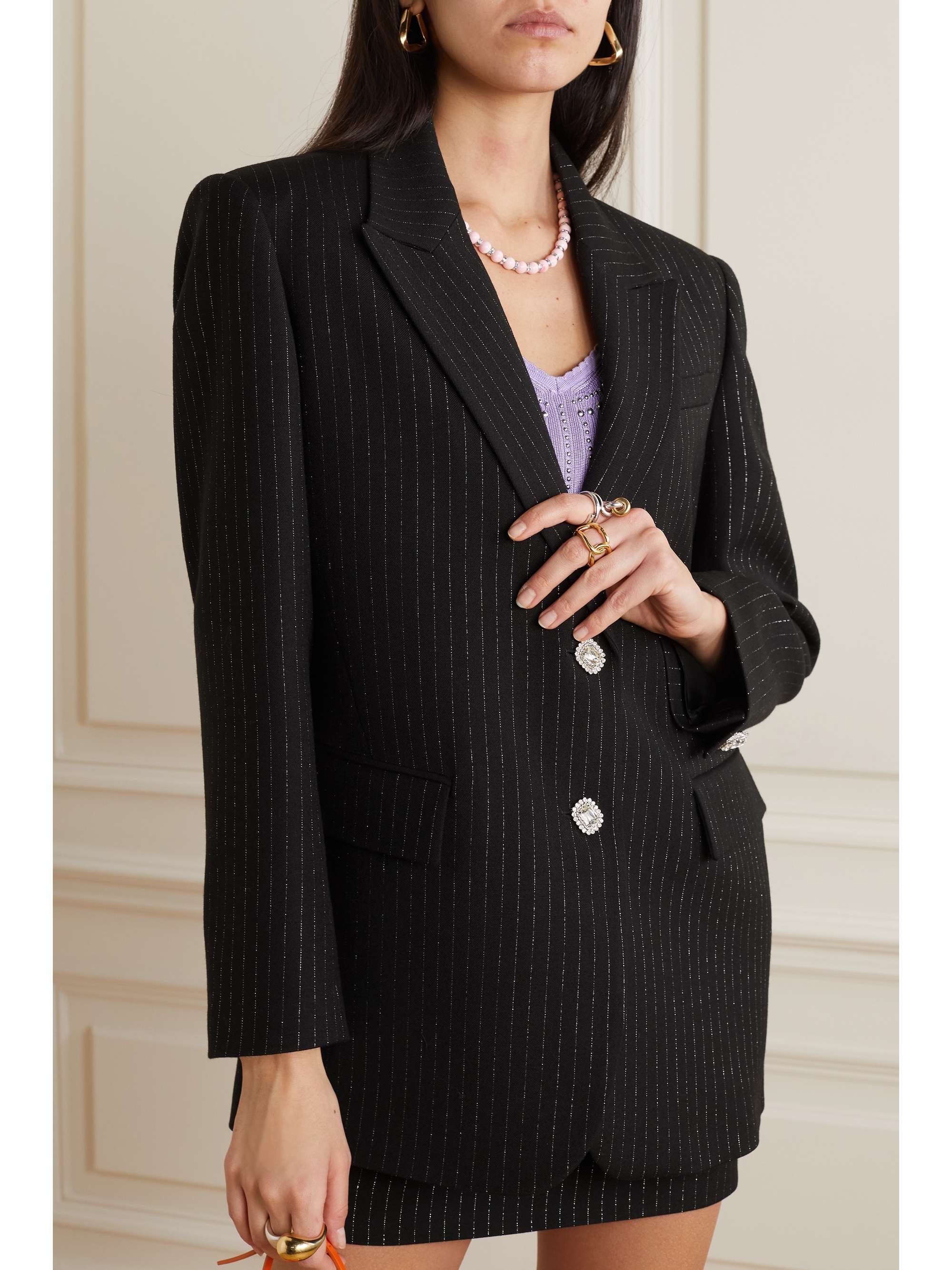 ALESSANDRA RICH Embellished pinstriped metallic wool-blend twill blazer