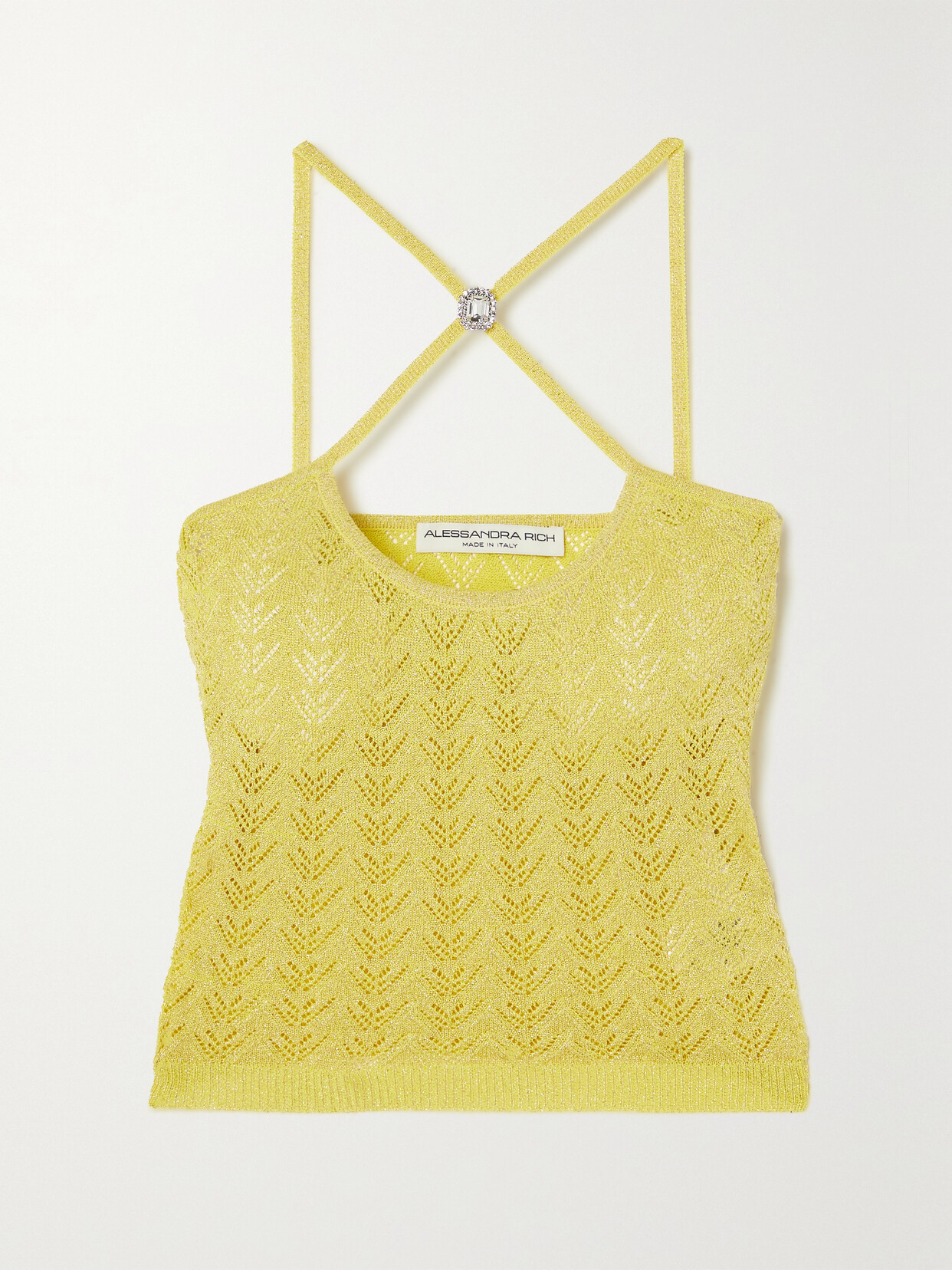 Alessandra Rich Cropped Embellished Metallic Pointelle-knit Top In Yellow