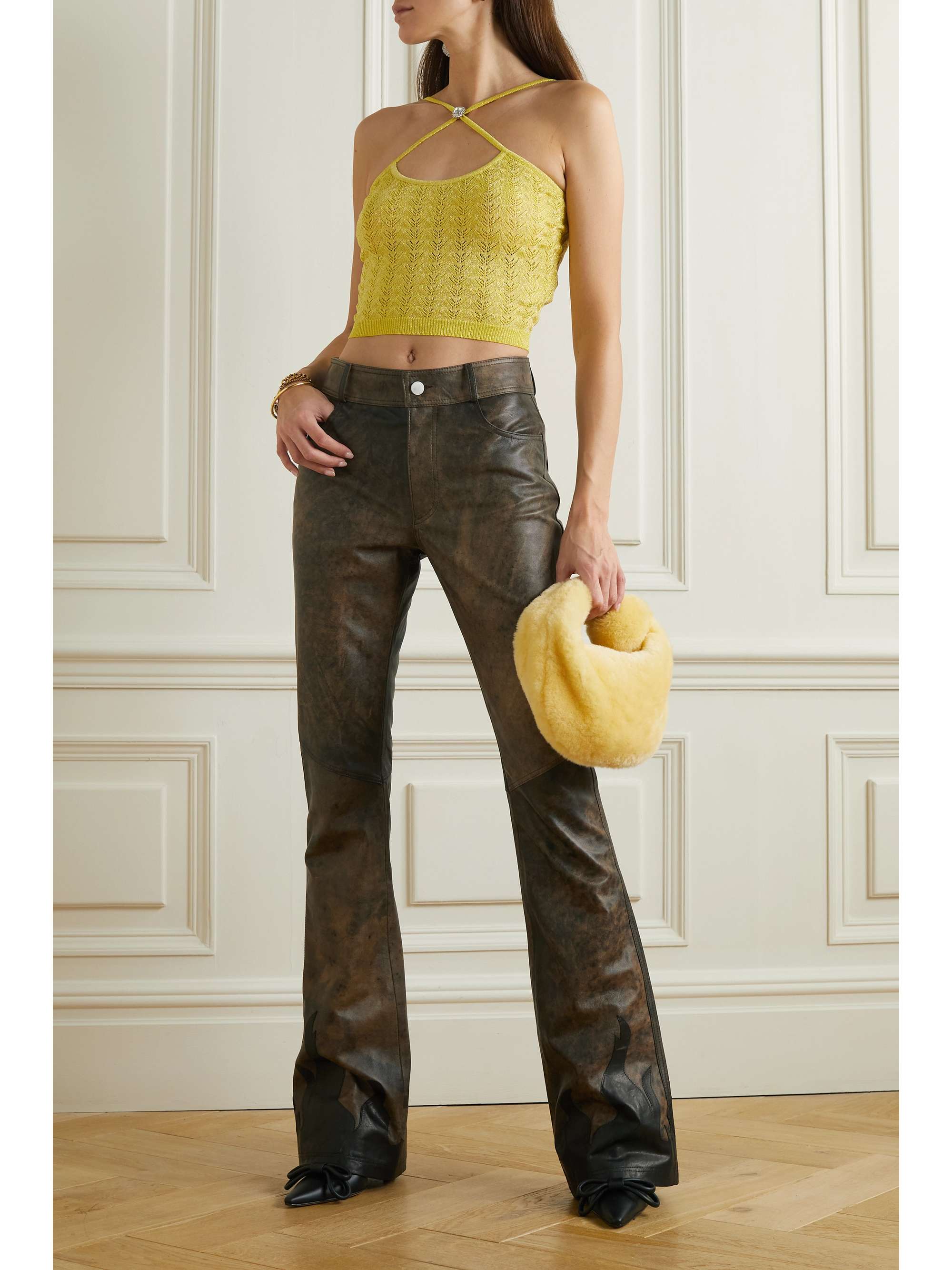ALESSANDRA RICH Cropped embellished metallic pointelle-knit top