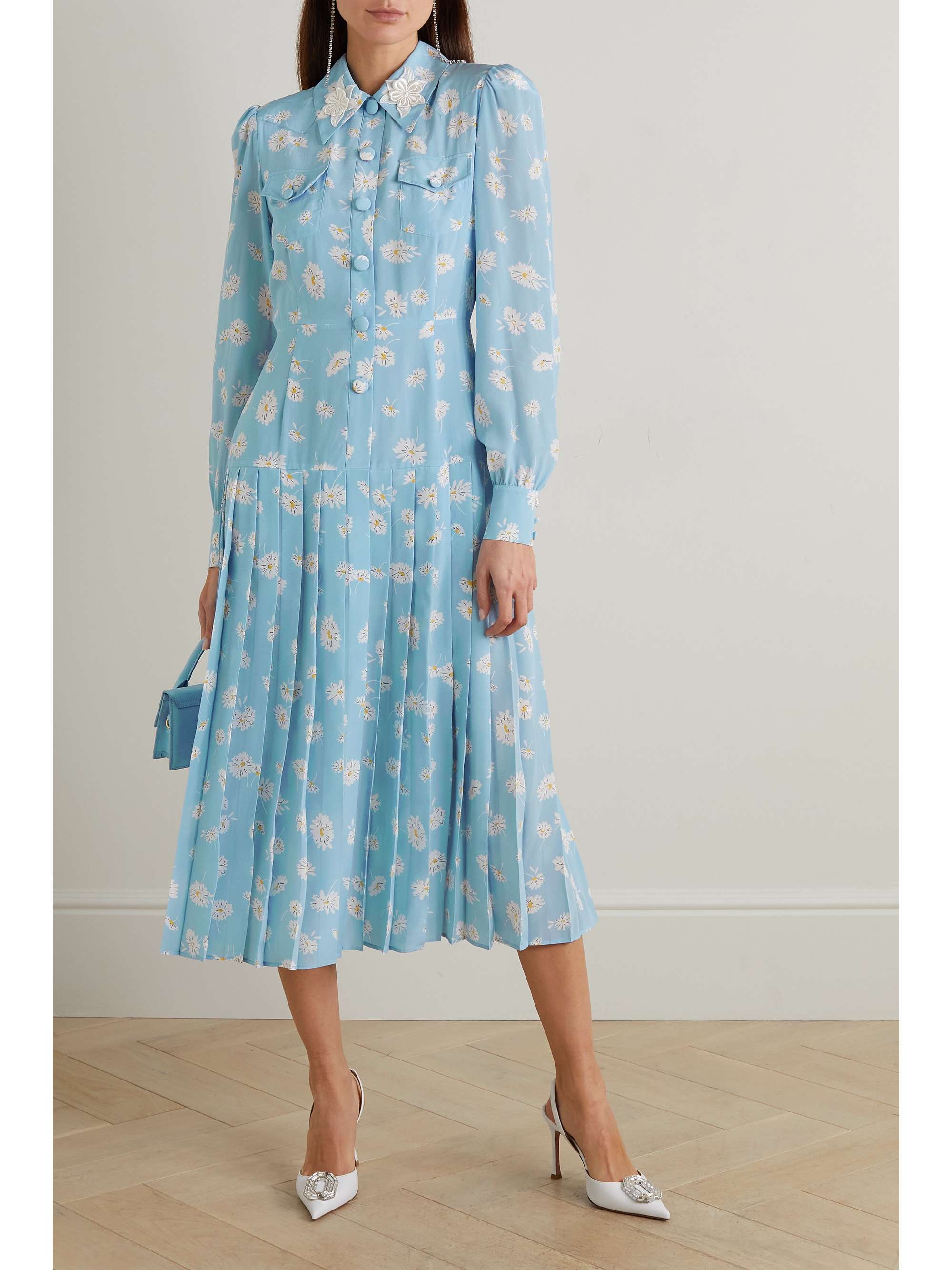 ALESSANDRA RICH Button-embellished printed pleated silk midi dress