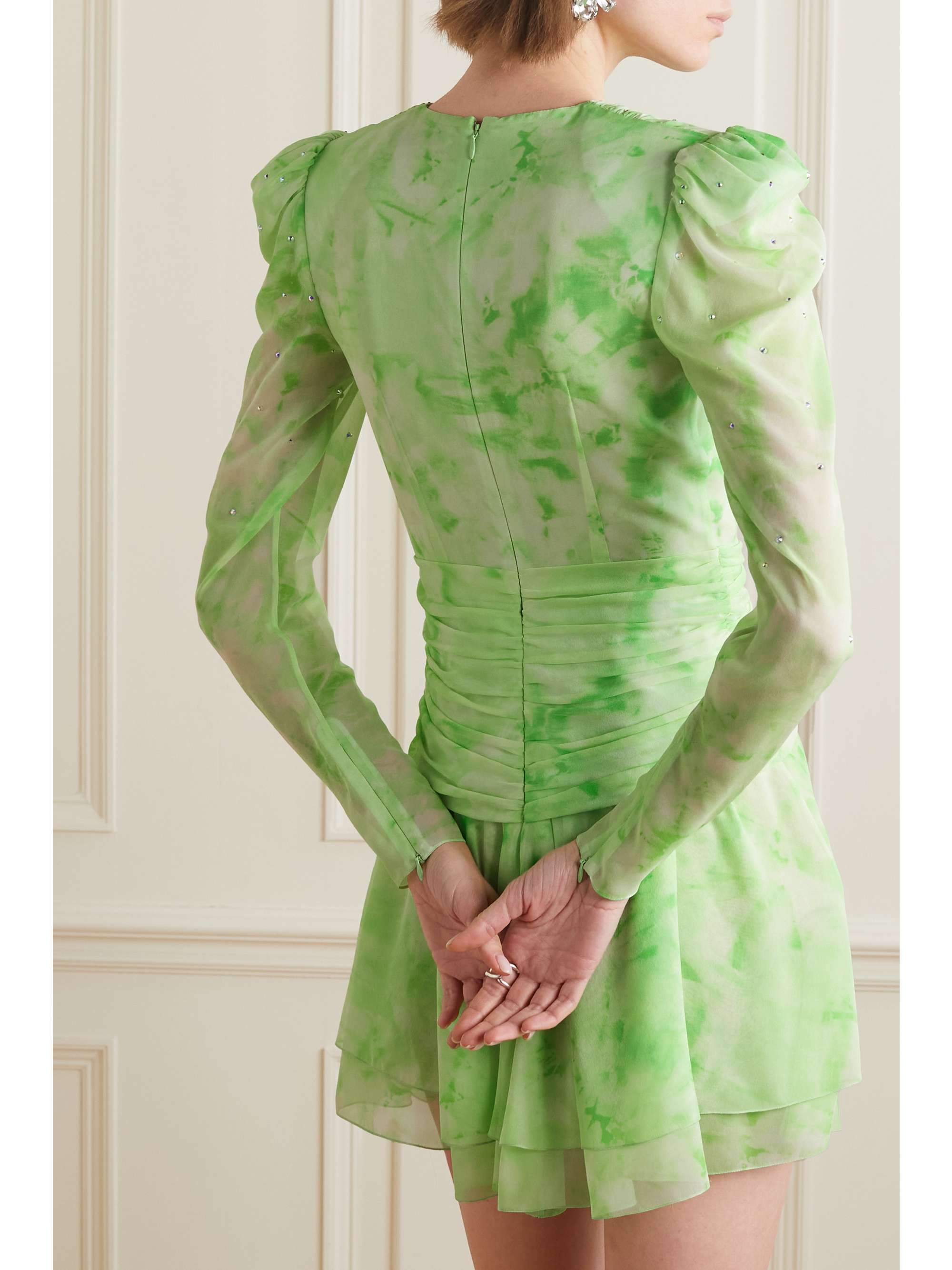ALESSANDRA RICH Gathered crystal-embellished printed silk-georgette mini dress