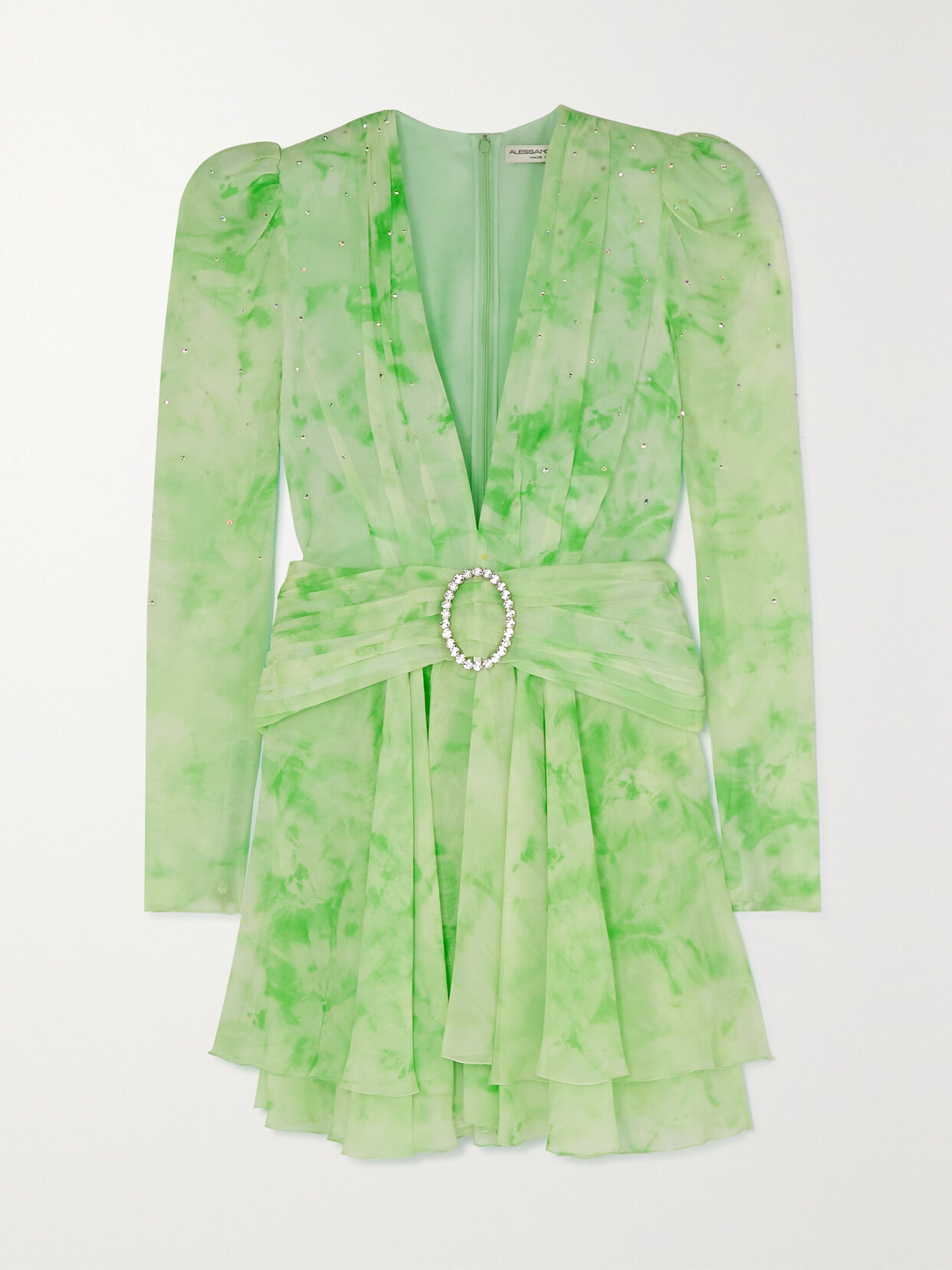 Alessandra Rich - Gathered Crystal-embellished Printed Silk-georgette Mini Dress - Green