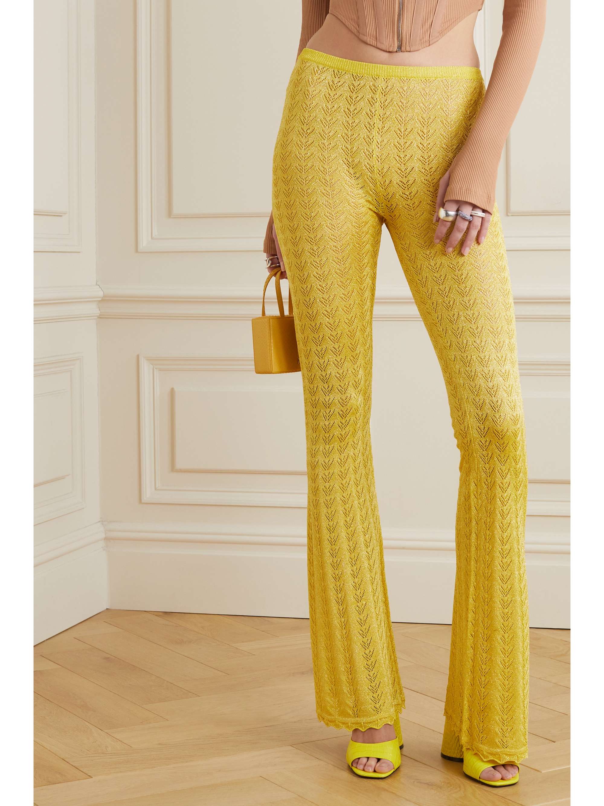 ALESSANDRA RICH Metallic crochet-knit flared pants