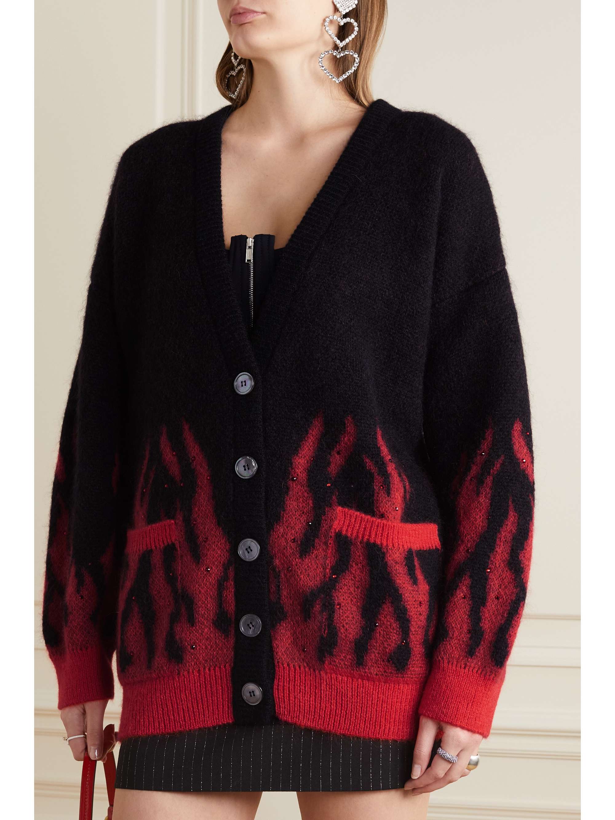 ALESSANDRA RICH Flame embellished mohair-blend jacquard cardigan