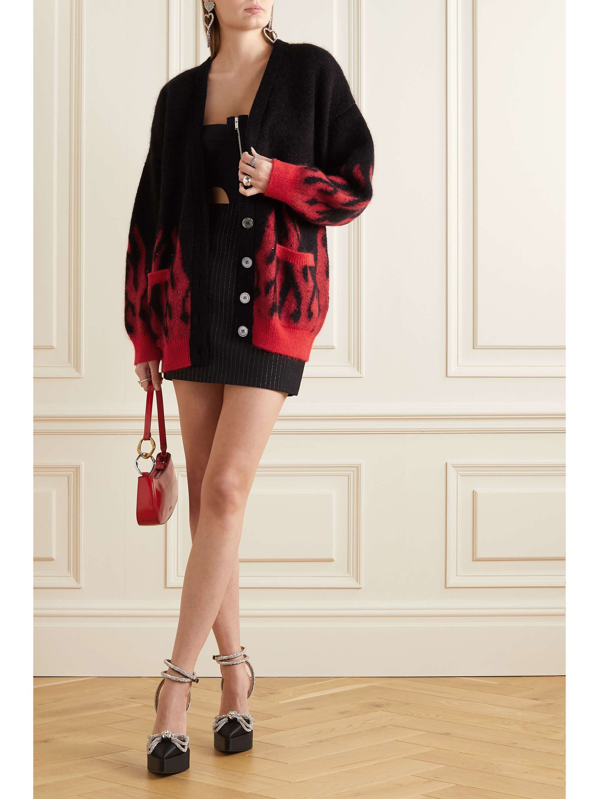 ALESSANDRA RICH Flame embellished mohair-blend jacquard cardigan
