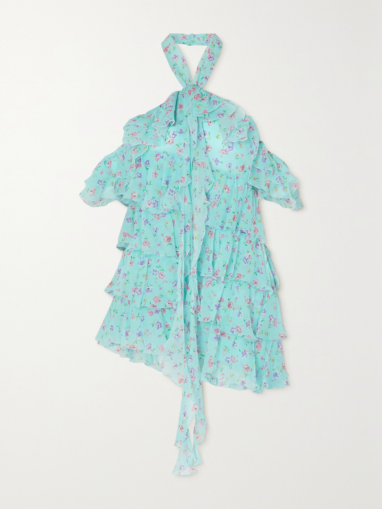 Alessandra Rich Violet Ruffled Floral-print Silk-georgette Halterneck Mini Dress - Blue