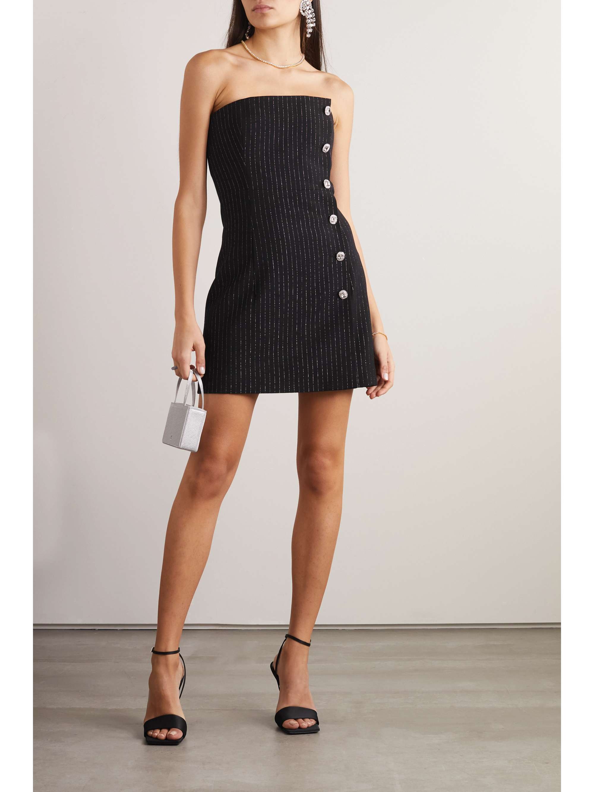 ALESSANDRA RICH Strapless embellished pinstriped wool-blend mini dress