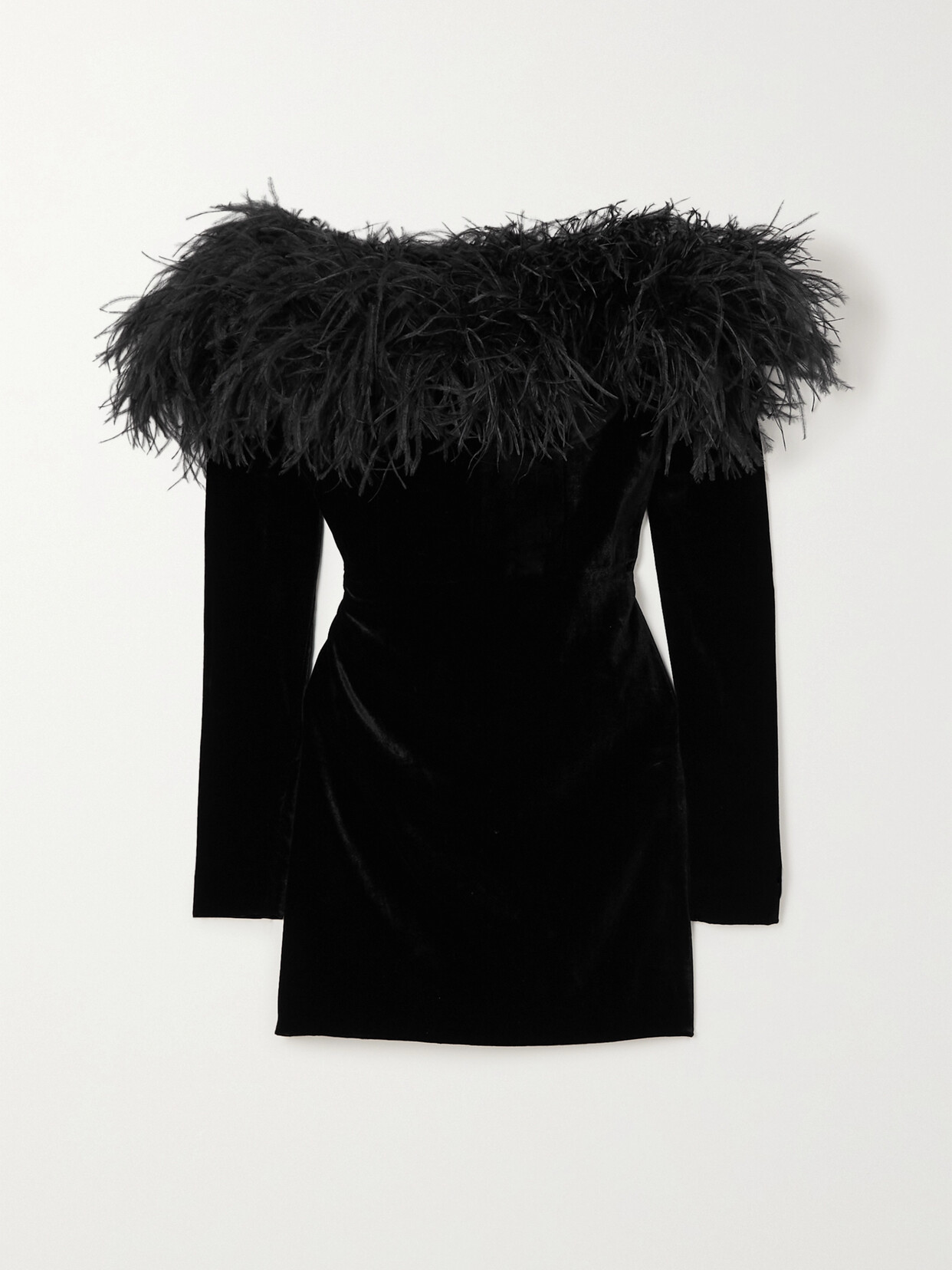 Alessandra Rich - Off-the-shoulder Feather-trimmed Stretch-velvet Mini Dress - Black