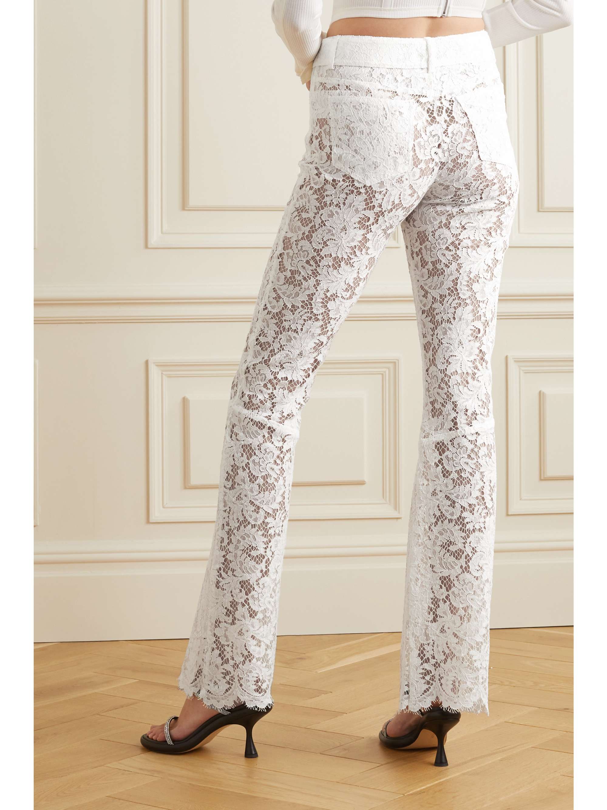ALESSANDRA RICH Belted crystal-embellished cotton-blend lace flared pants