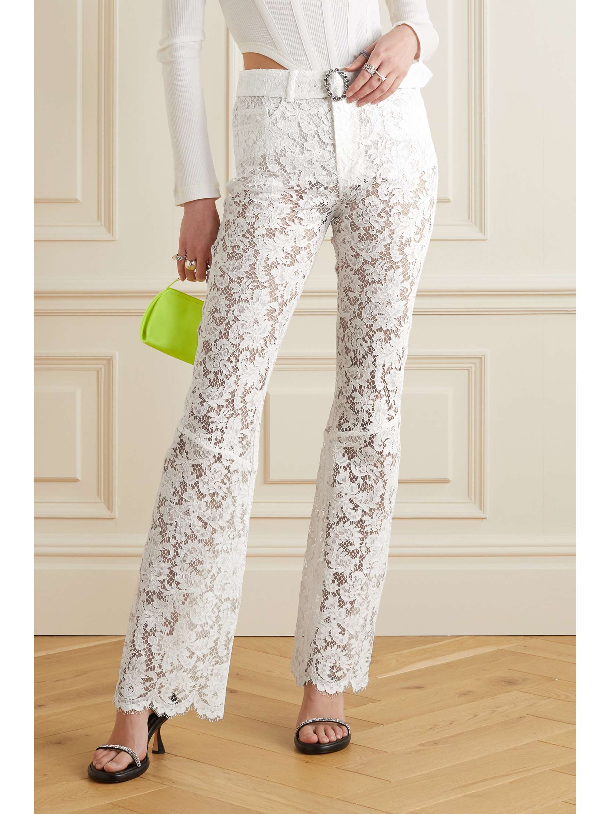 ALESSANDRA RICH Belted crystal-embellished cotton-blend lace flared pants
