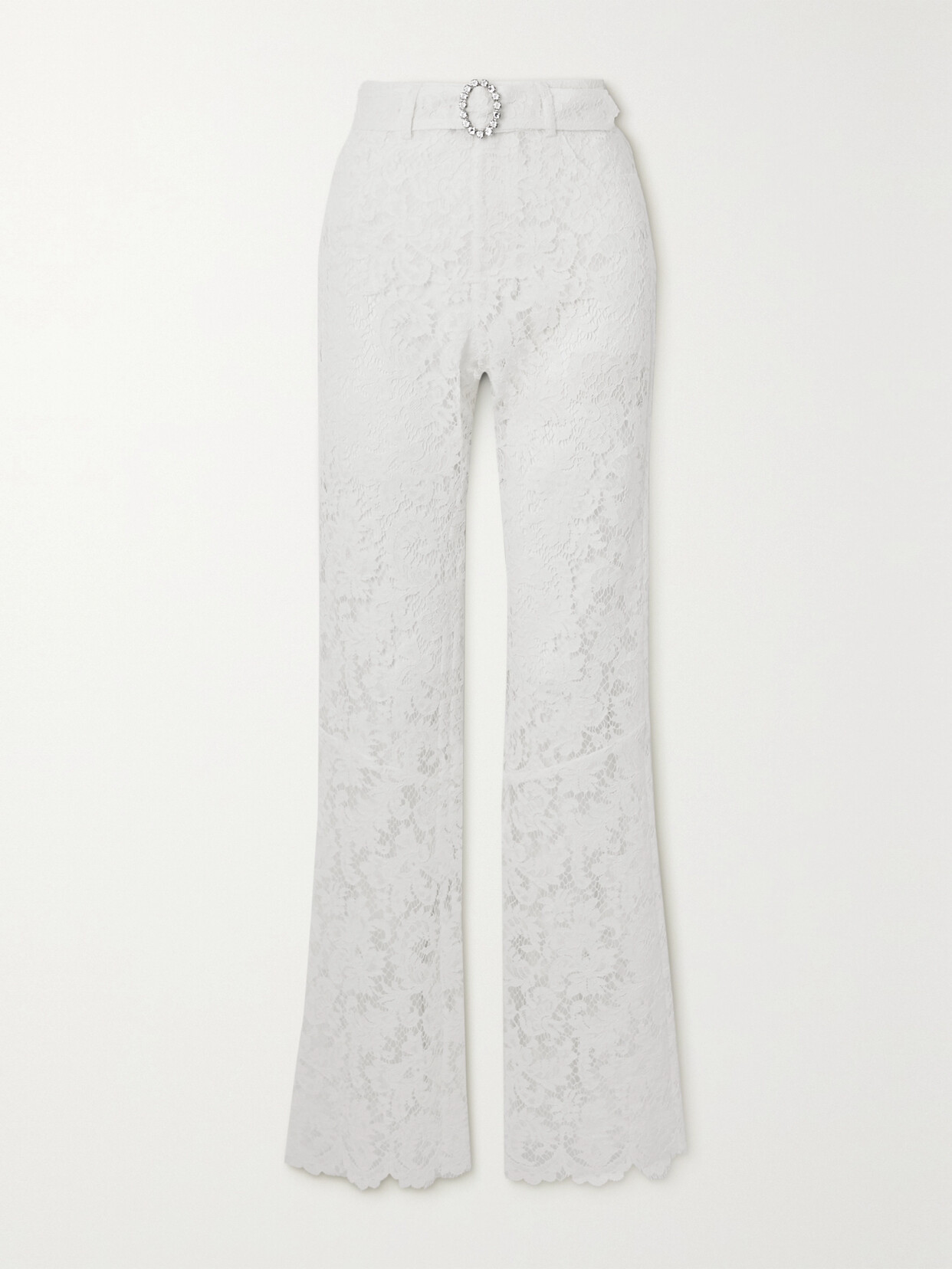 Alessandra Rich - Belted Crystal-embellished Cotton-blend Lace Flared Pants - White