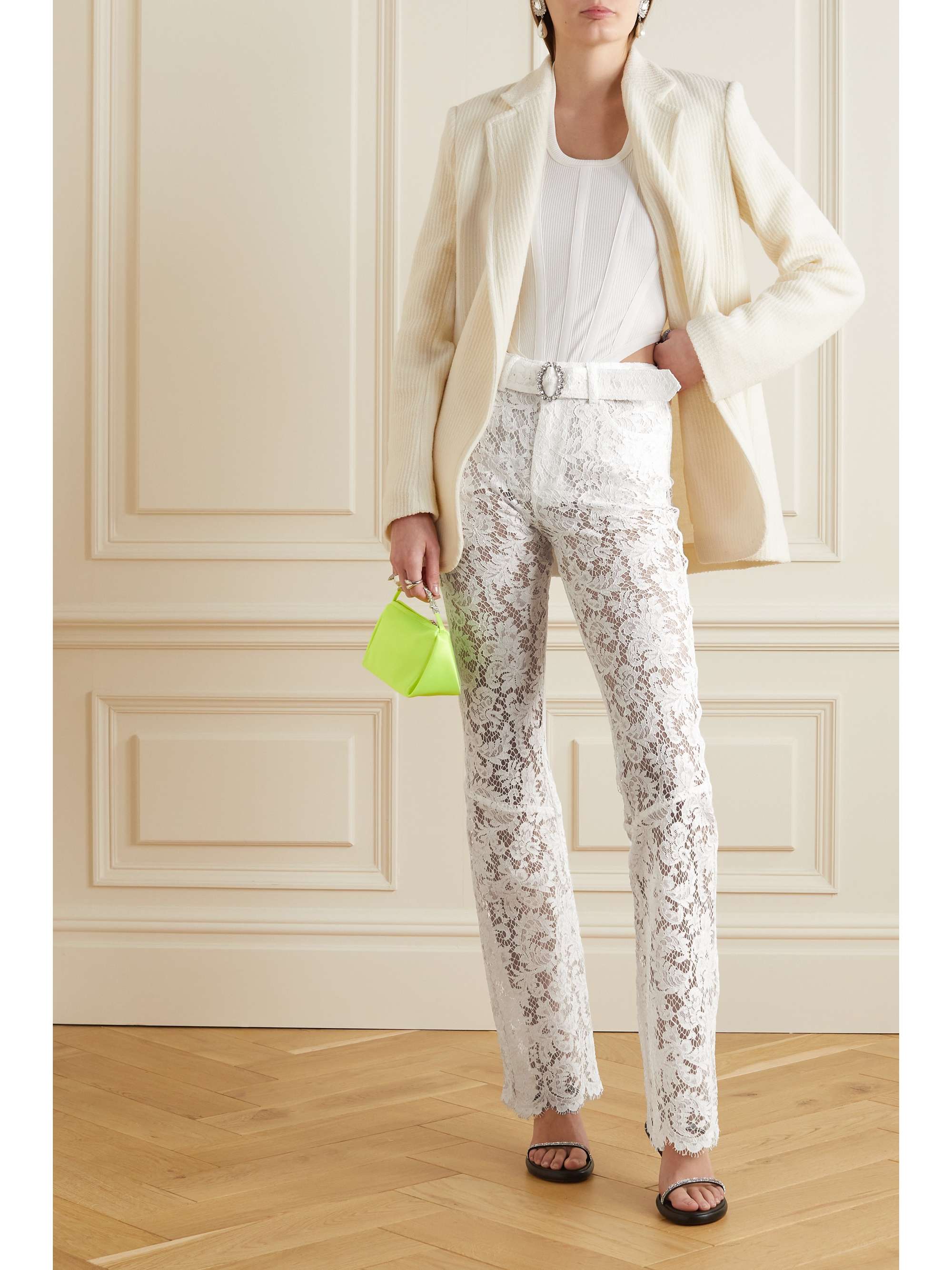ALESSANDRA RICH Belted crystal-embellished cotton-blend lace flared pants