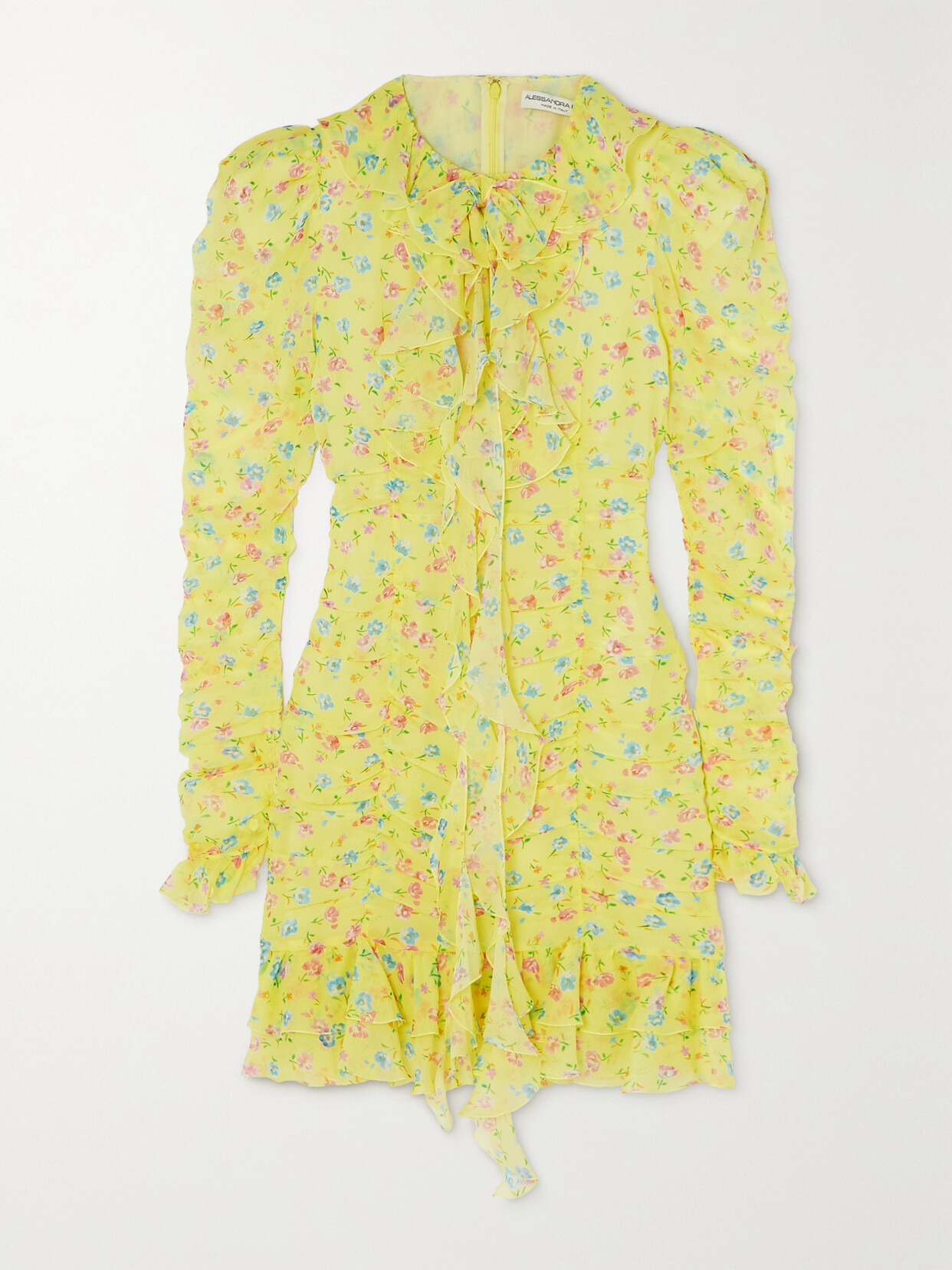 Alessandra Rich Violet Cutout Ruffled Floral-print Silk-georgette Mini Dress In Yellow